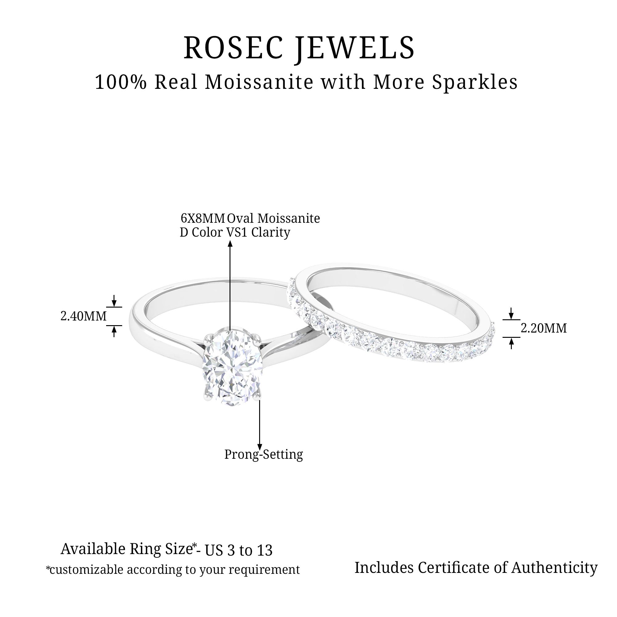 Oval Cut Solitaire Moissanite Bridal Ring Set Moissanite - ( D-VS1 ) - Color and Clarity - Rosec Jewels