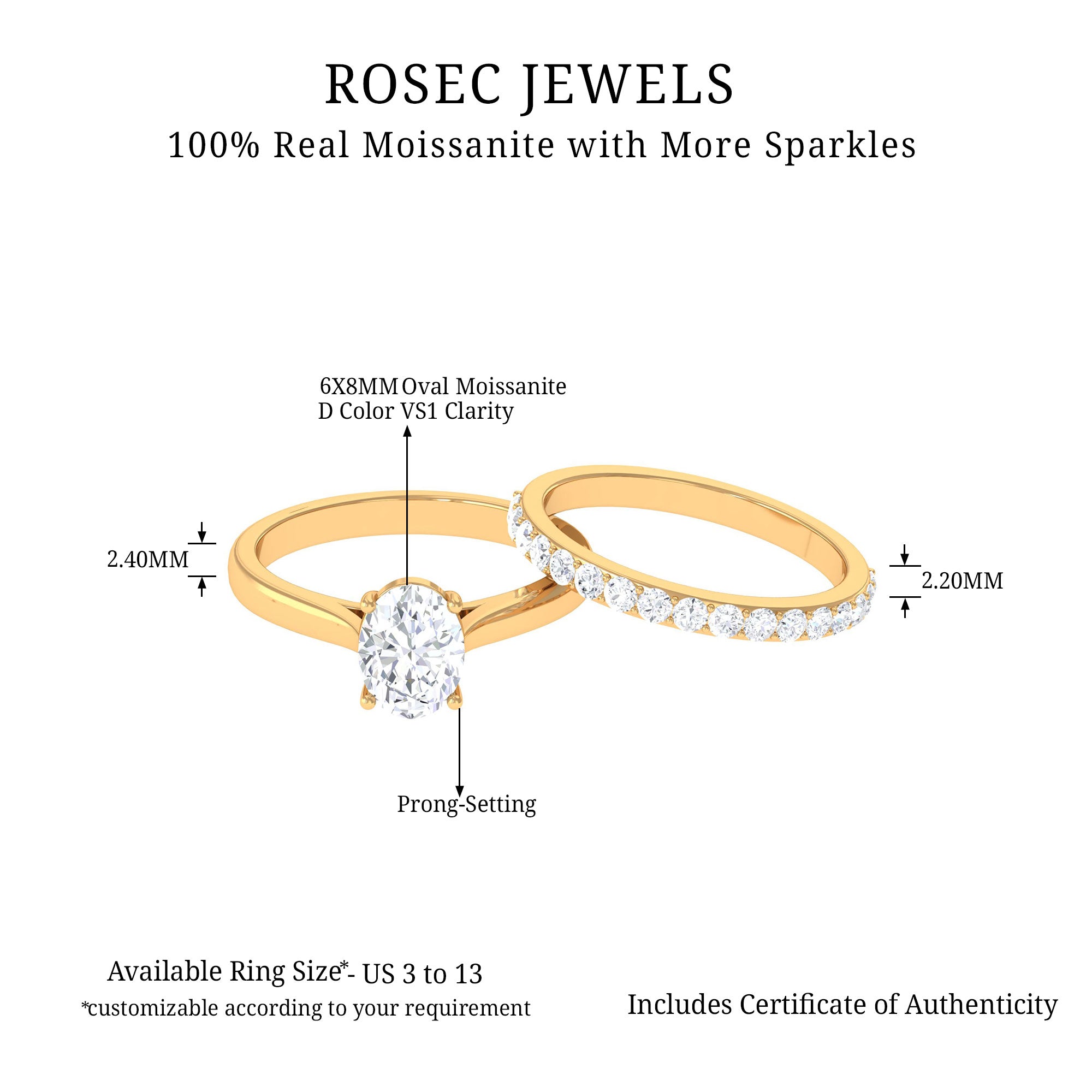 Oval Cut Solitaire Moissanite Bridal Ring Set Moissanite - ( D-VS1 ) - Color and Clarity - Rosec Jewels