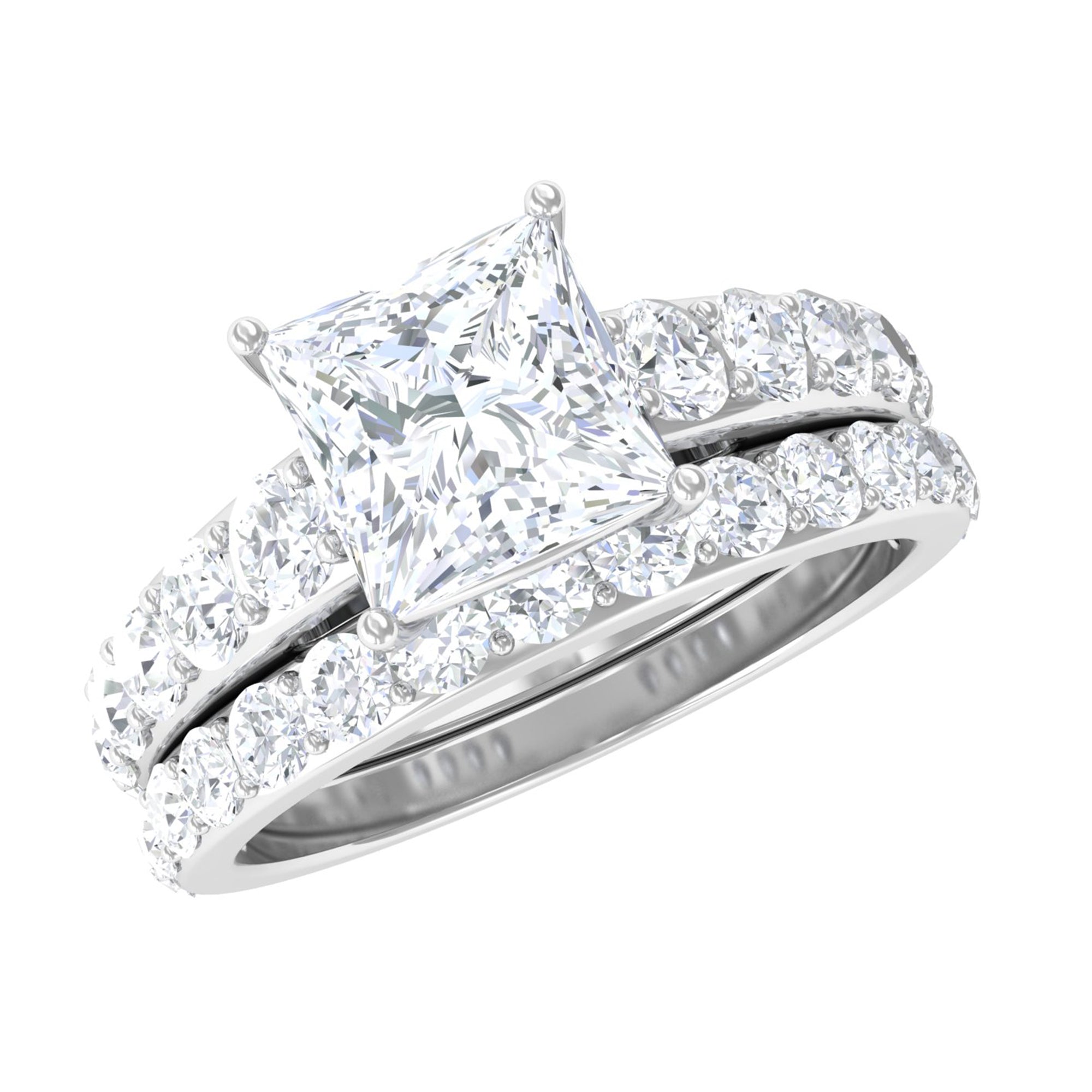 2.50 CT Princess Cut Solitaire Moissanite Ring Set with Wedding Band Moissanite - ( D-VS1 ) - Color and Clarity - Rosec Jewels