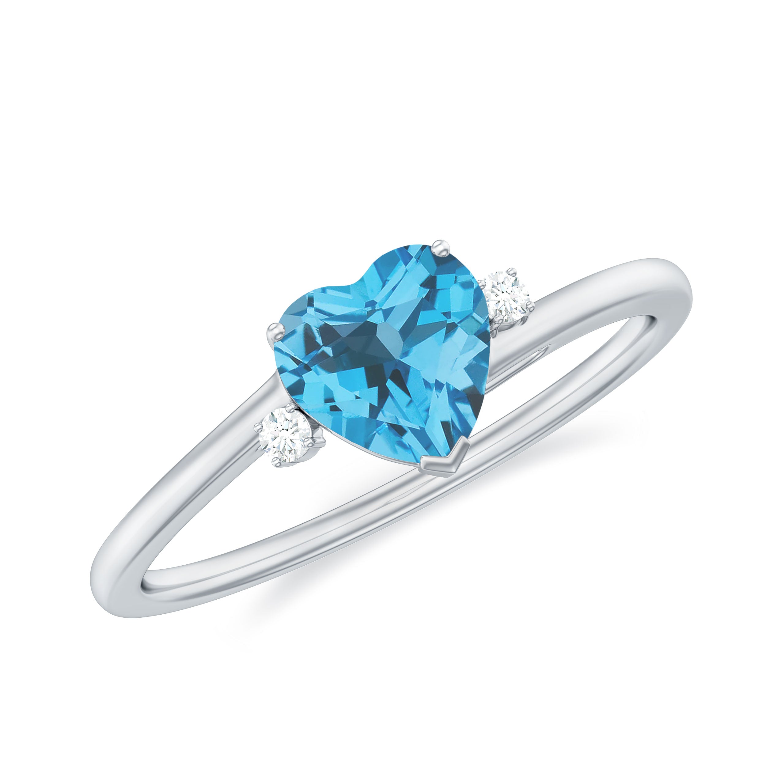 Real Swiss Blue Topaz Heart Solitaire Promise Ring with Diamond Swiss Blue Topaz - ( AAA ) - Quality - Rosec Jewels