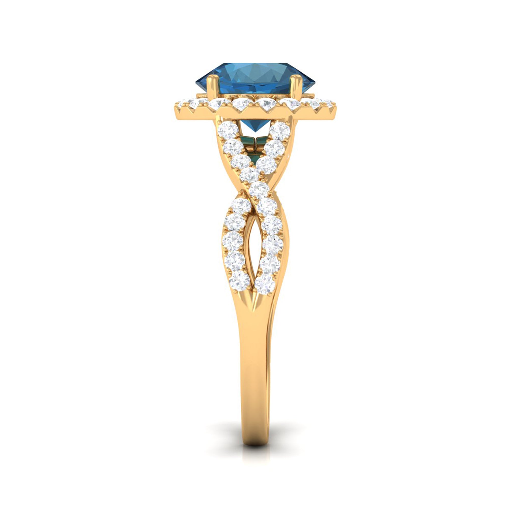 London Blue Topaz Crossover Ring with Diamond Halo London Blue Topaz - ( AAA ) - Quality - Rosec Jewels