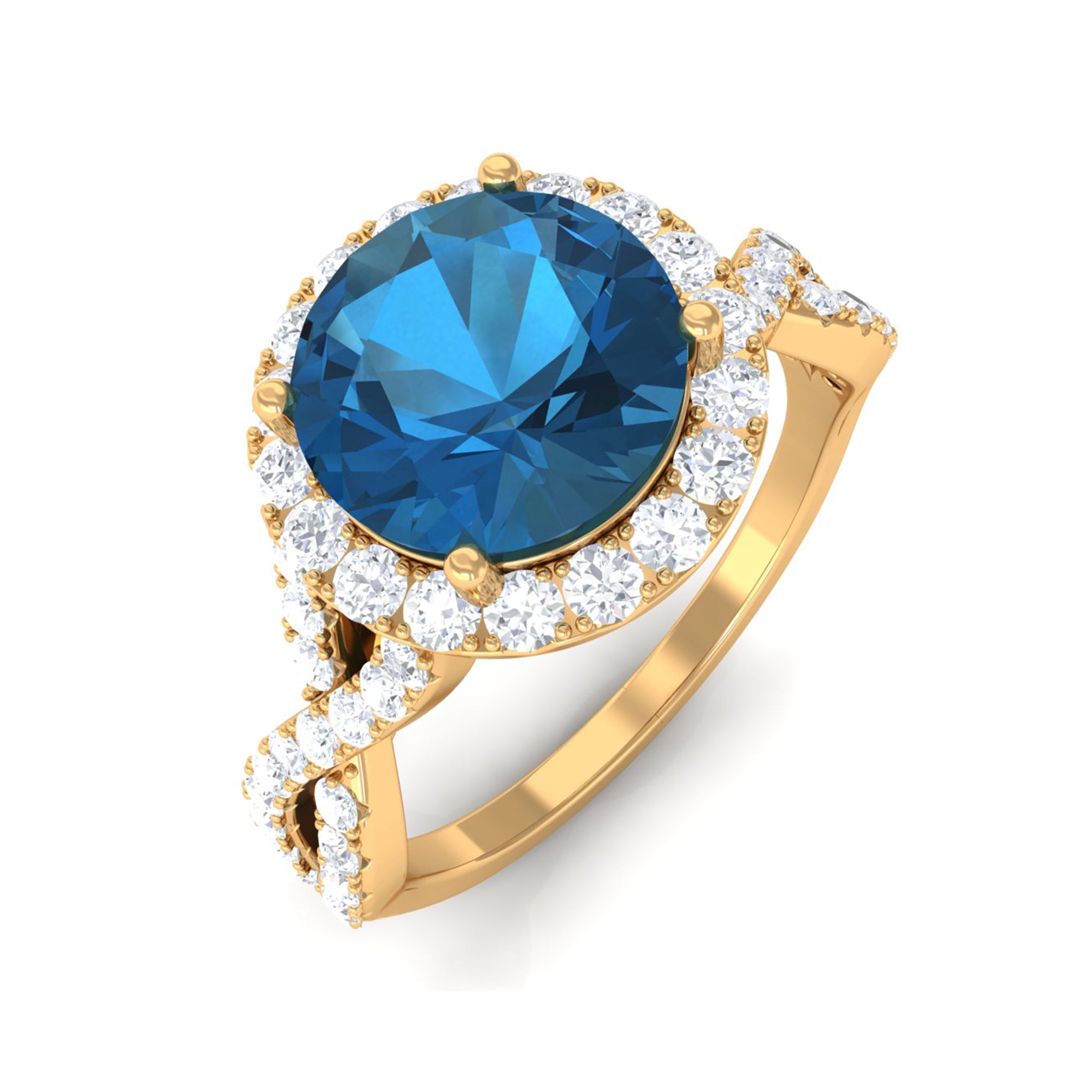 London Blue Topaz Crossover Ring with Diamond Halo London Blue Topaz - ( AAA ) - Quality - Rosec Jewels