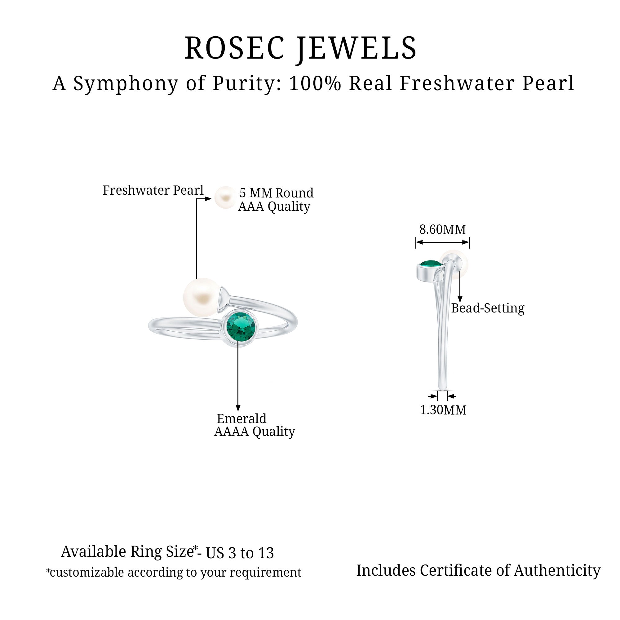 3/4 CT Freshwater Pearl and Created Emerald Two Stone Ring in Gold Freshwater Pearl - ( AAA ) - Quality - Rosec Jewels