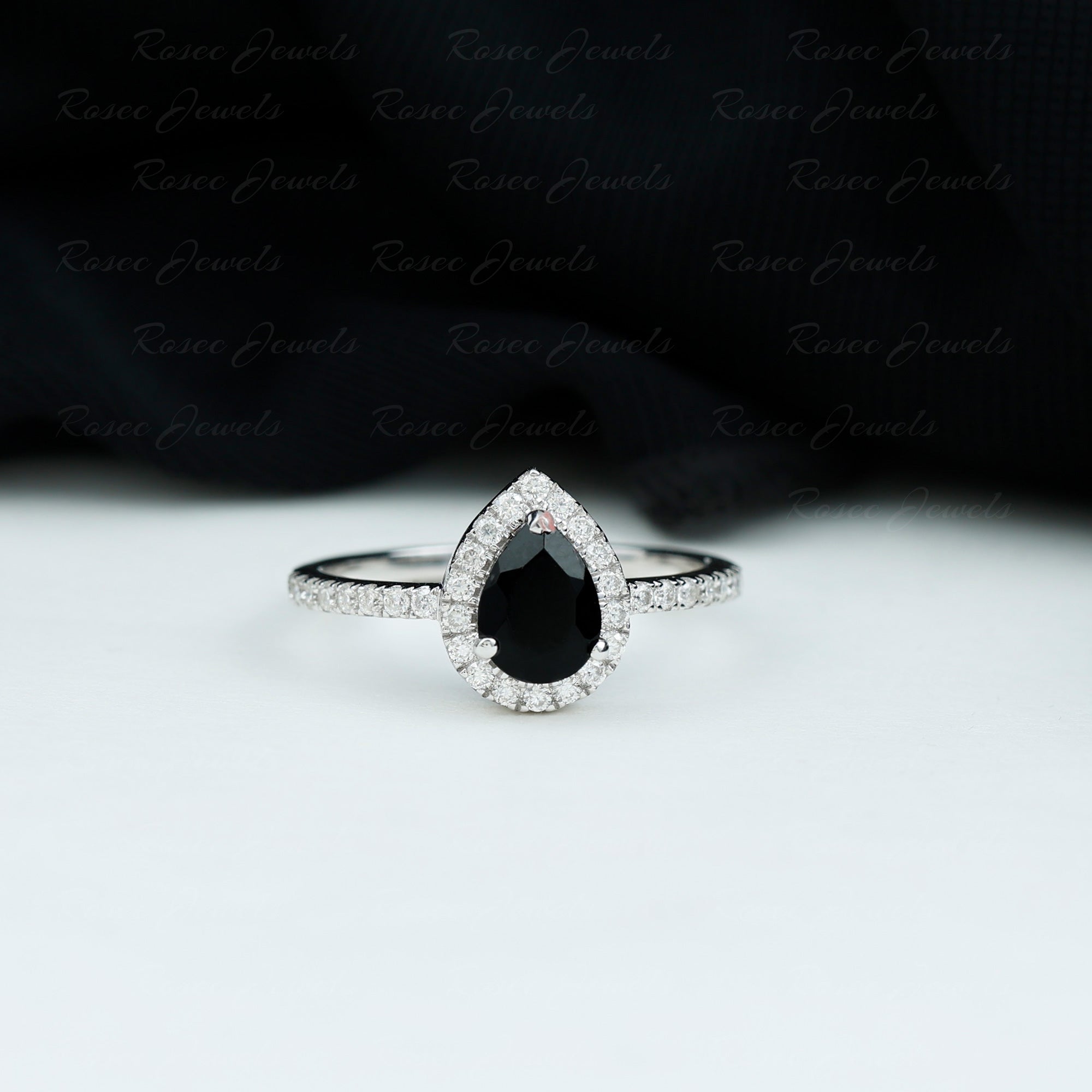 Lab-Created Black Diamond Teardrop Engagement Ring with Diamond Halo Lab Created Black Diamond - ( AAAA ) - Quality - Rosec Jewels