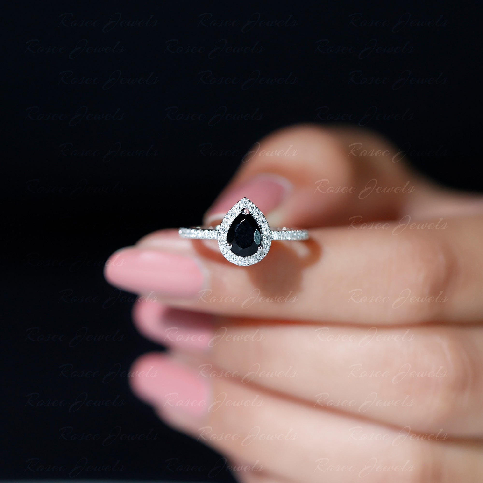 Lab-Created Black Diamond Teardrop Engagement Ring with Diamond Halo Lab Created Black Diamond - ( AAAA ) - Quality - Rosec Jewels