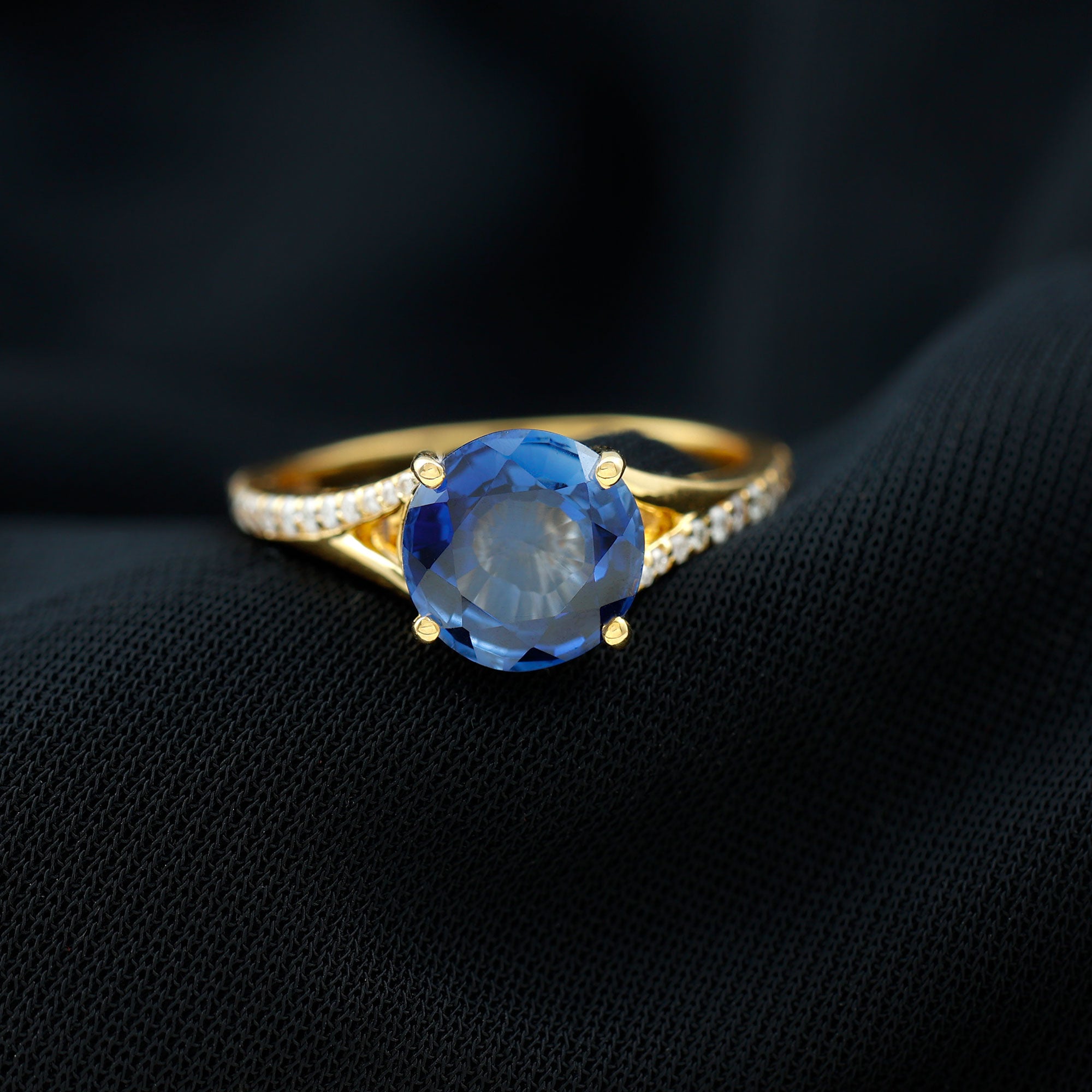 Lab Grown Blue Sapphire Solitaire Engagement Ring with Diamond Split Shank Lab Created Blue Sapphire - ( AAAA ) - Quality - Rosec Jewels