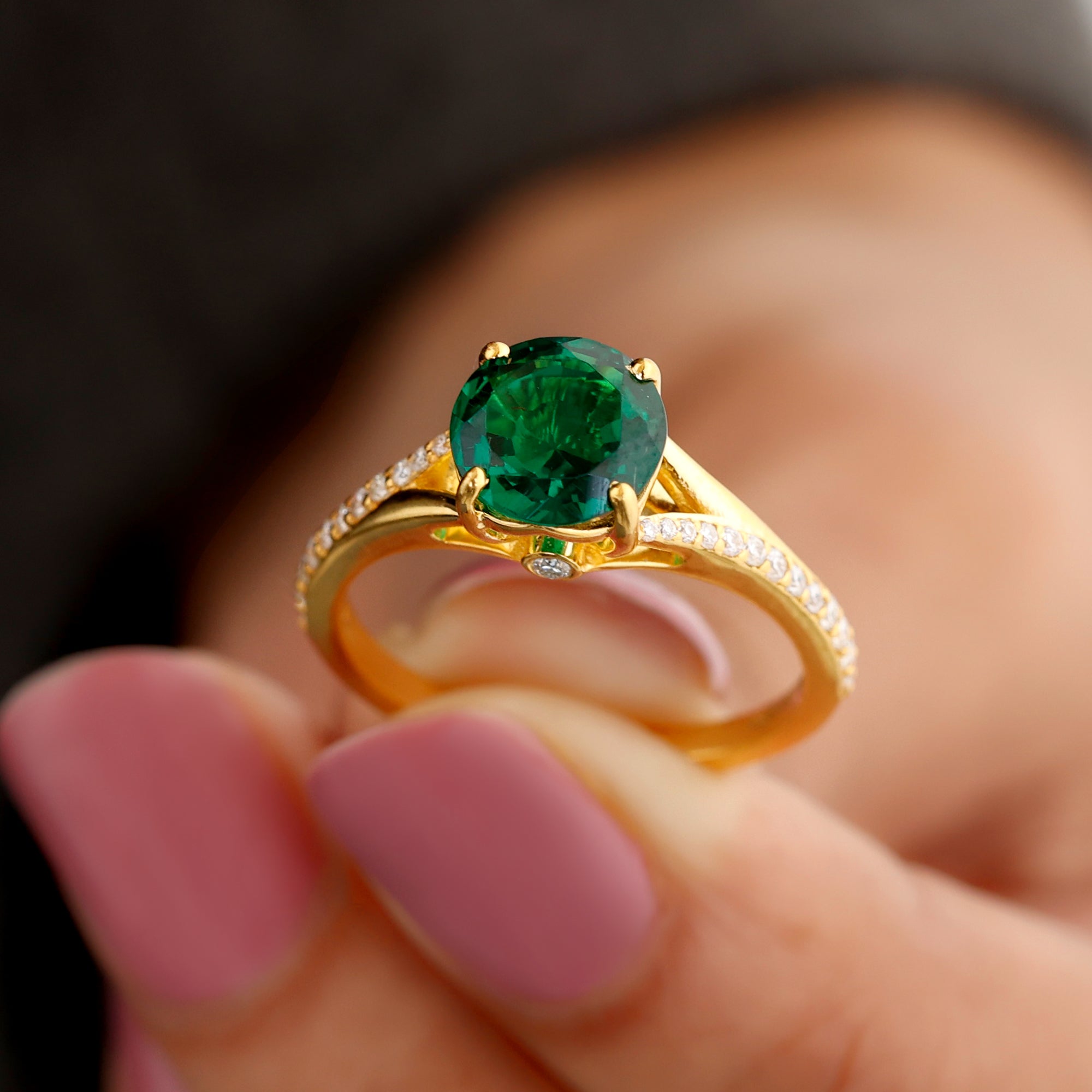 Split Shank Created Emerald Solitaire Ring with Diamond Lab Created Emerald - ( AAAA ) - Quality - Rosec Jewels