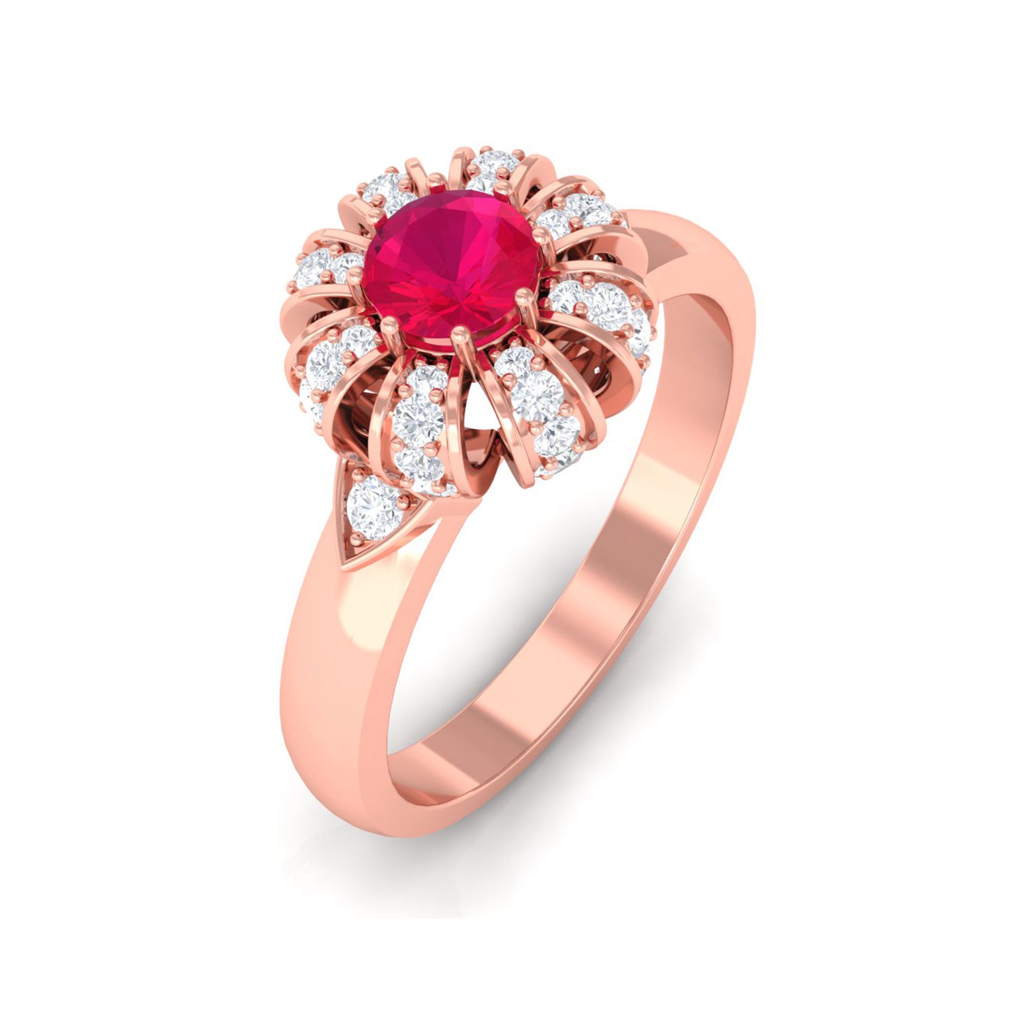 Natural Ruby Flower Promise Ring with Diamond Ruby - ( AAA ) - Quality - Rosec Jewels