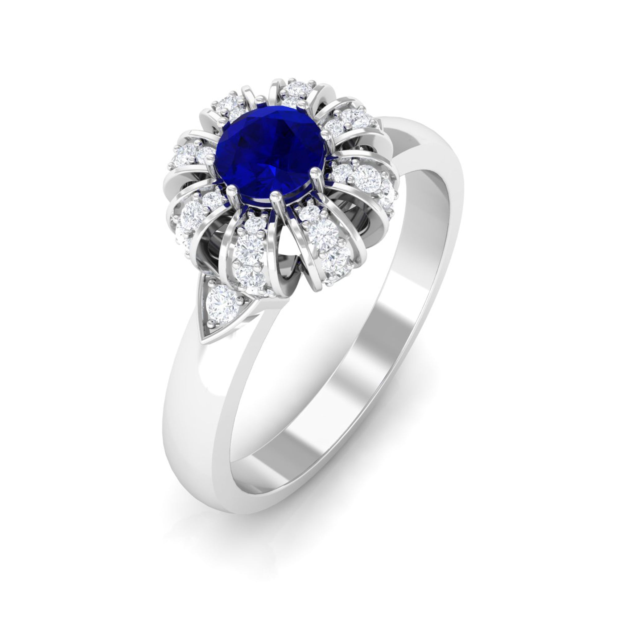 Elegant bla safir og diamantblomst forlovelsesring Rosec Jewels
