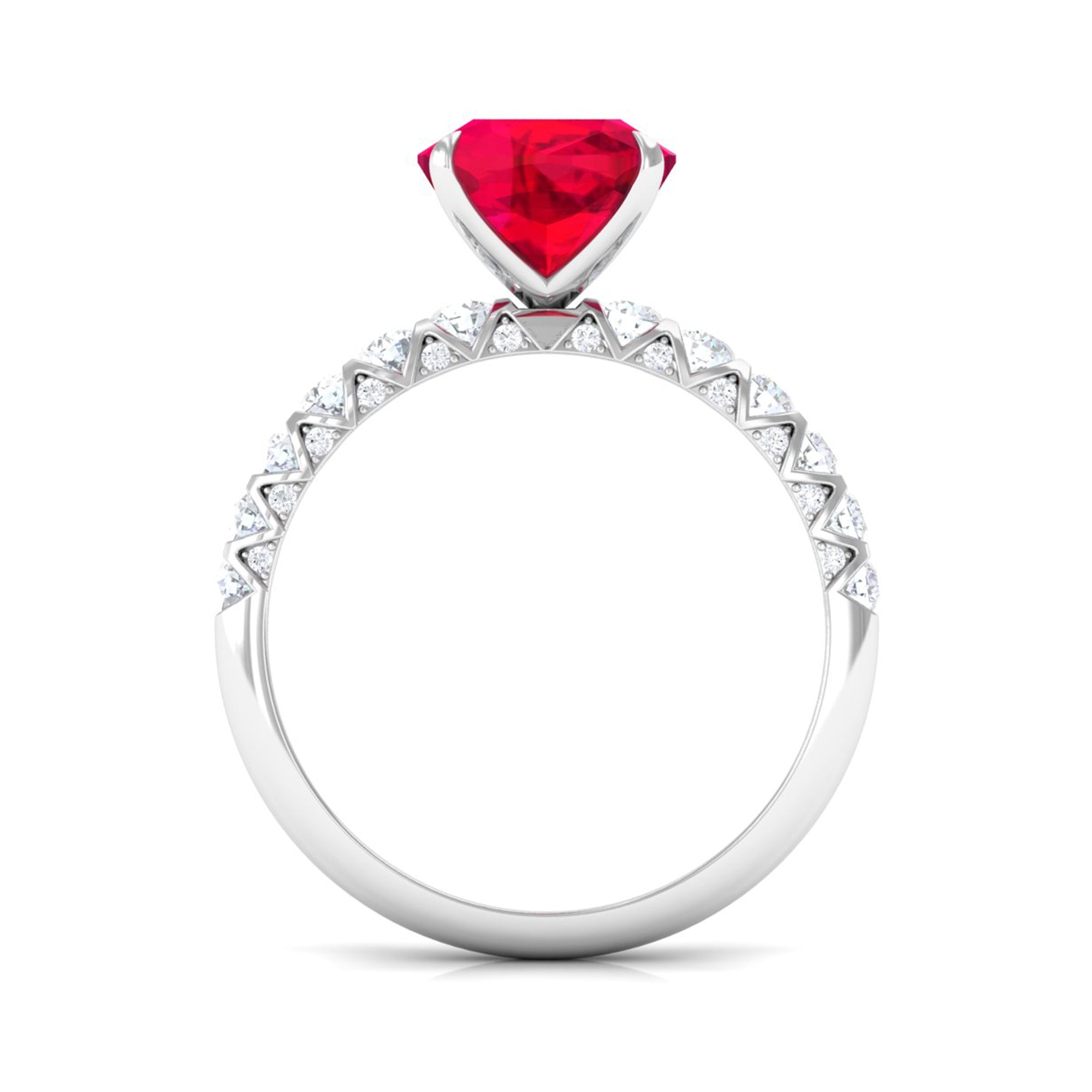 Cushion Cut Created Ruby Solitaire Ring with Diamond Side Stones Lab Created Ruby - ( AAAA ) - Quality - Rosec Jewels