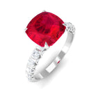 Cushion Cut Created Ruby Solitaire Ring with Diamond Side Stones Lab Created Ruby - ( AAAA ) - Quality - Rosec Jewels