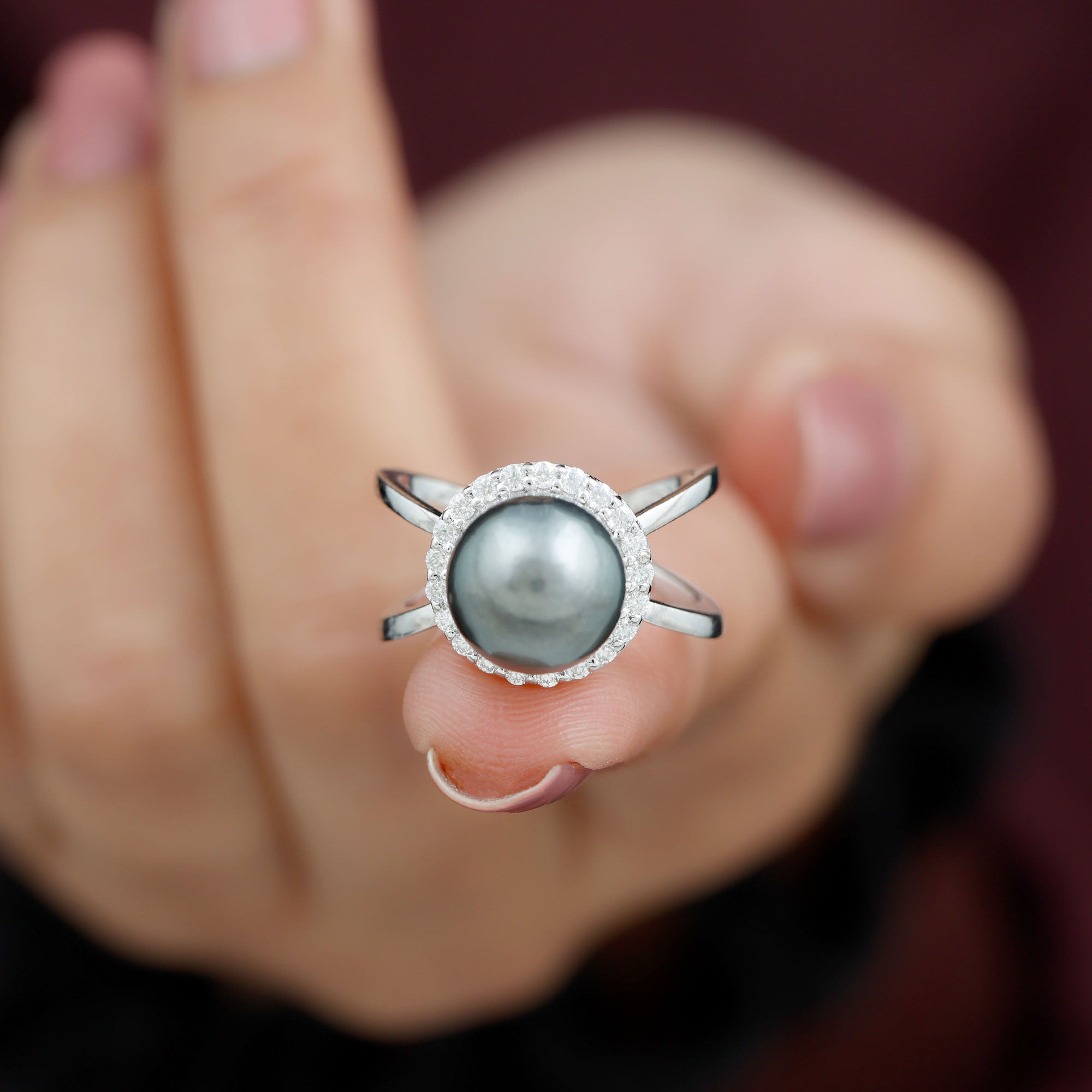 Tahitian Pearl and Diamond Halo Engagement Ring in Criss Cross Shank Tahitian pearl - ( AAA ) - Quality - Rosec Jewels