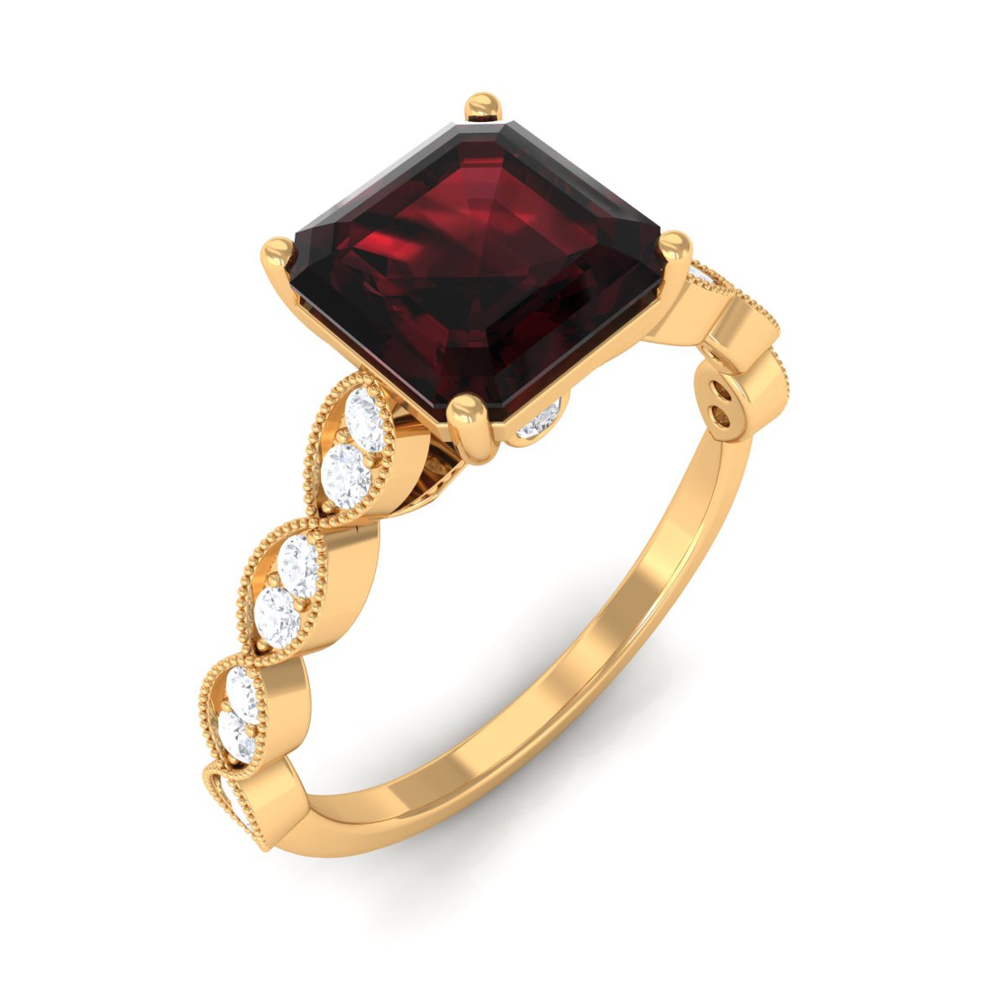 1.5 CT Asscher Cut Garnet Solitaire Engagement Ring with Diamond Side Stones Garnet - ( AAA ) - Quality - Rosec Jewels