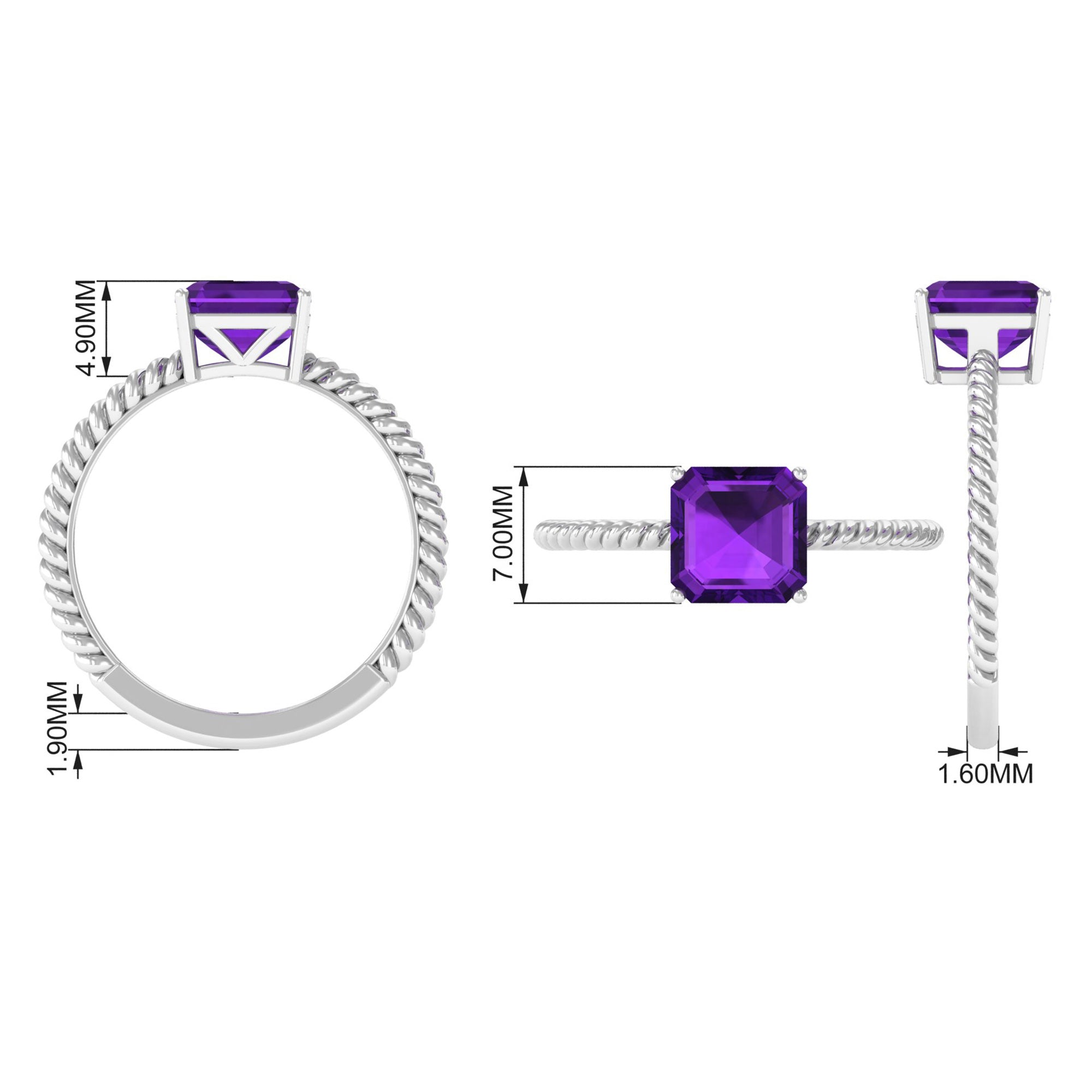 Asscher Cut Amethyst Solitaire Ring with Twisted Rope Amethyst - ( AAA ) - Quality - Rosec Jewels