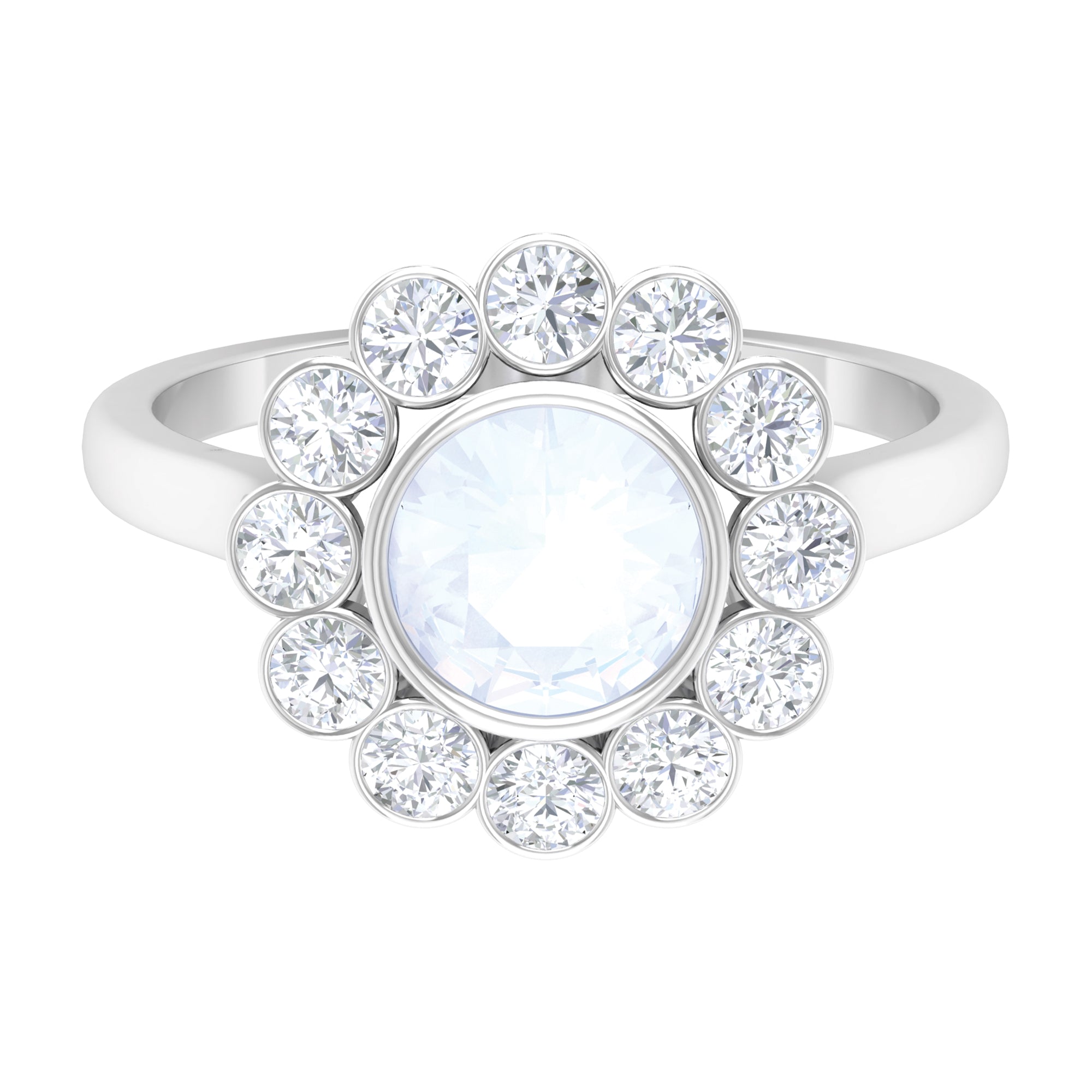 Bezel Set Moonstone Statement Engagement Ring with Diamond Halo Moonstone - ( AAA ) - Quality - Rosec Jewels