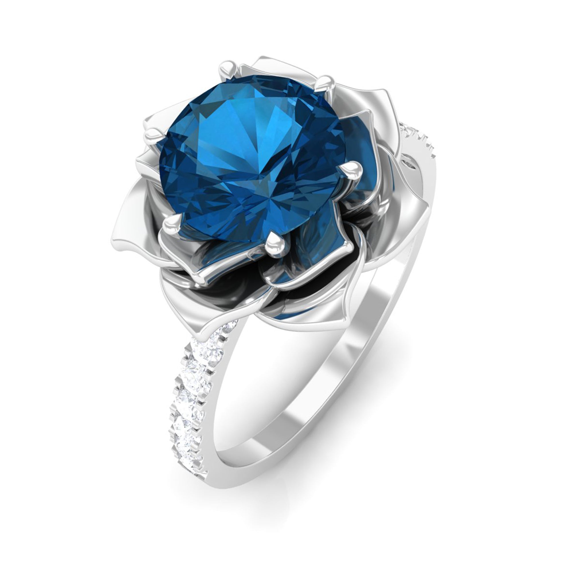 London Blue Topaz Flower Engagement Ring with Diamond London Blue Topaz - ( AAA ) - Quality - Rosec Jewels