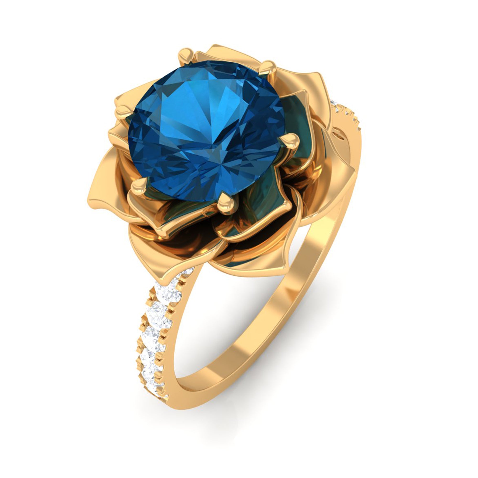 London Blue Topaz Flower Engagement Ring with Diamond London Blue Topaz - ( AAA ) - Quality - Rosec Jewels