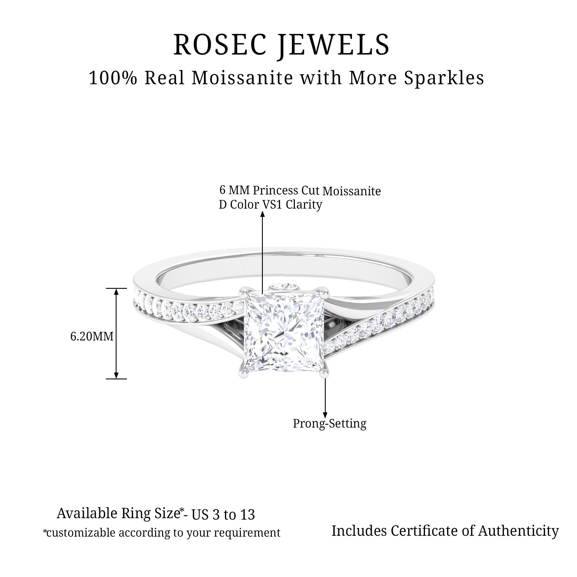 Princess Cut Certified Moissanite Solitaire Split Shank Engagement Ring Moissanite - ( D-VS1 ) - Color and Clarity - Rosec Jewels