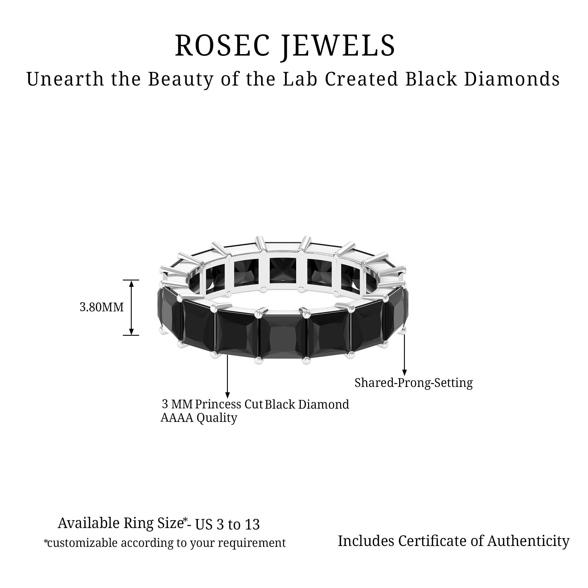 Princess Cut Lab Grown Black Diamond Eternity Band Ring Lab Created Black Diamond - ( AAAA ) - Quality - Rosec Jewels