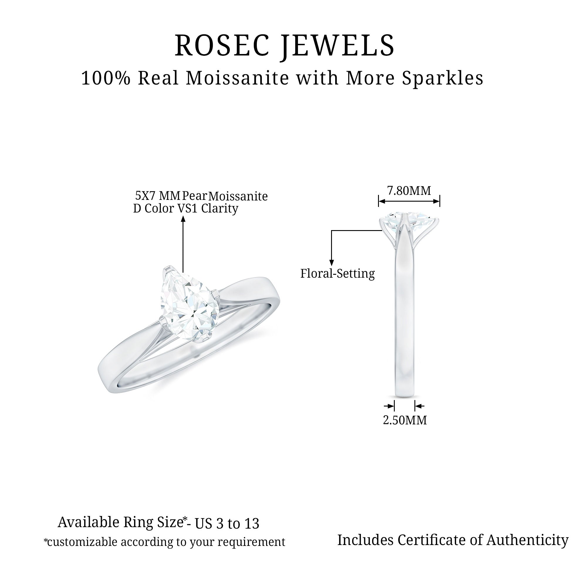 3/4 CT Two Tone Solitaire Ring with Pear Cut Moissanite Moissanite - ( D-VS1 ) - Color and Clarity - Rosec Jewels