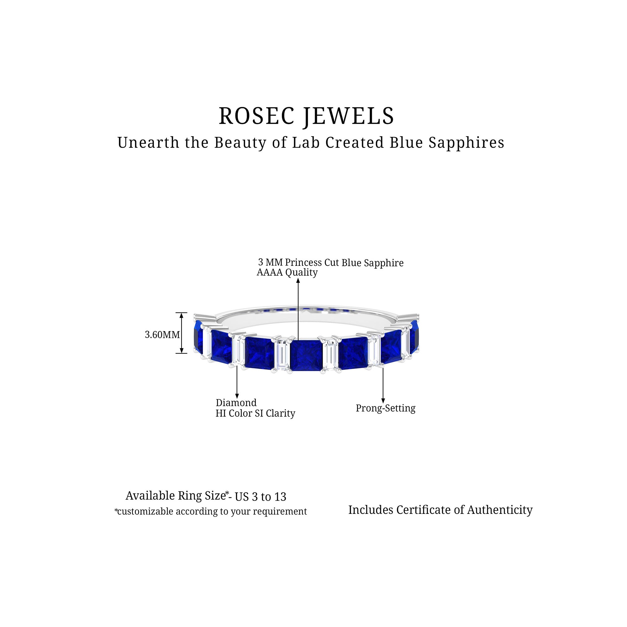 Princess Cut Lab Grown Blue Sapphire Half Eternity Ring with Diamond Lab Created Blue Sapphire - ( AAAA ) - Quality - Rosec Jewels