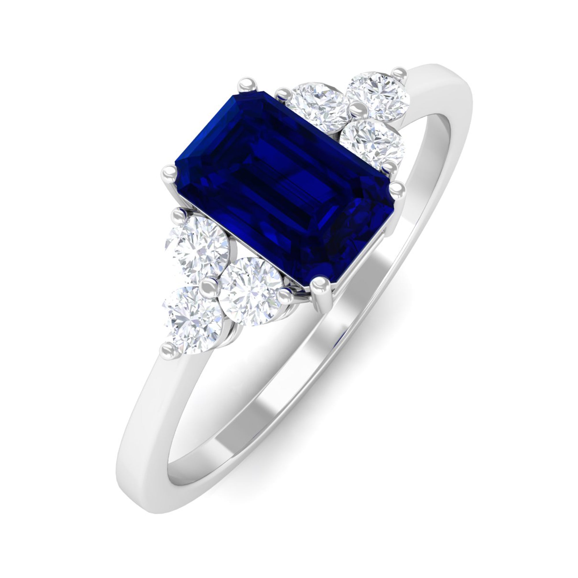 Emerald Cut Created Blue Sapphire Solitaire Ring with Diamond Trio Lab Created Blue Sapphire - ( AAAA ) - Quality - Rosec Jewels