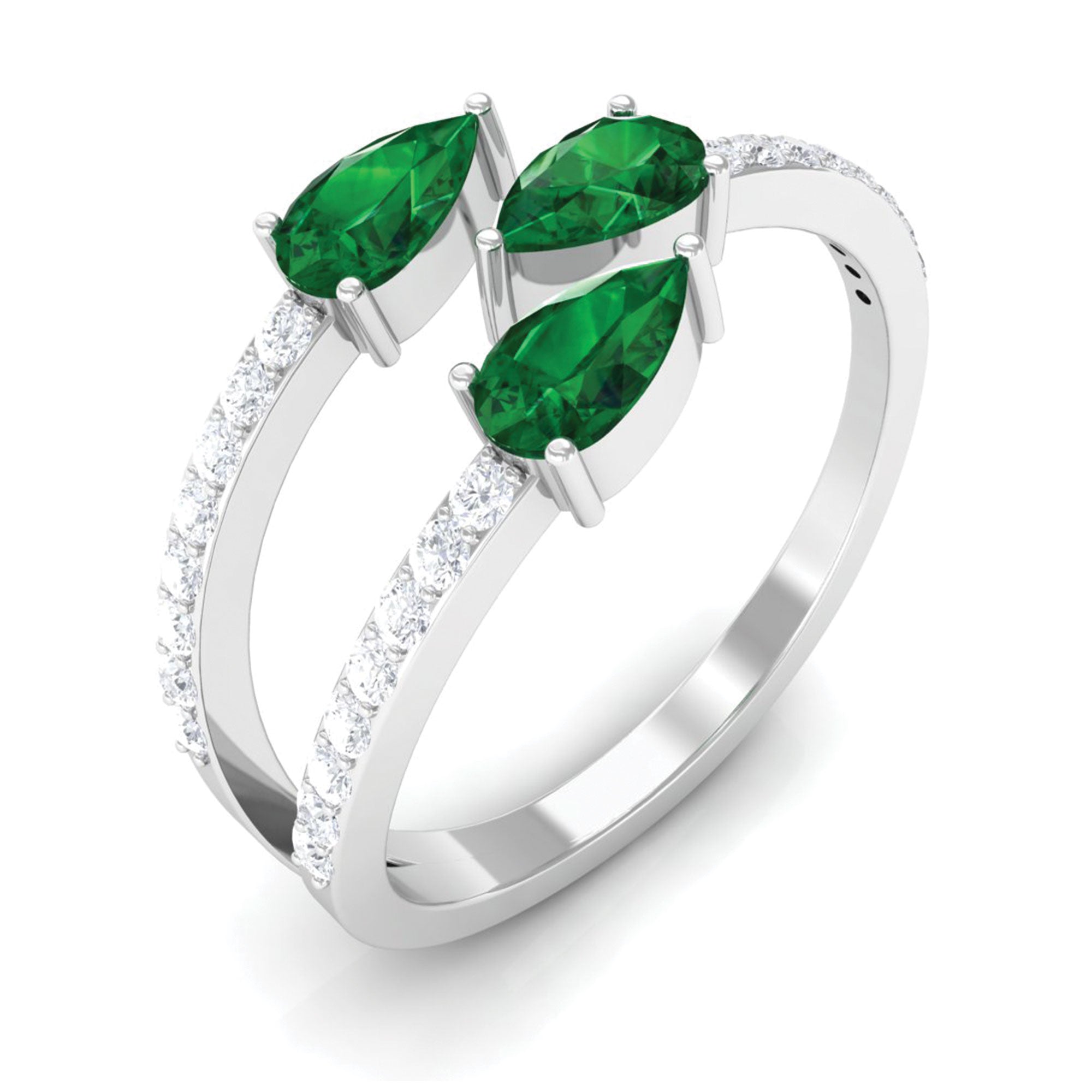 3 Stone Pear Shape Created Emerald Wrap Ring with Diamond Lab Created Emerald - ( AAAA ) - Quality - Rosec Jewels