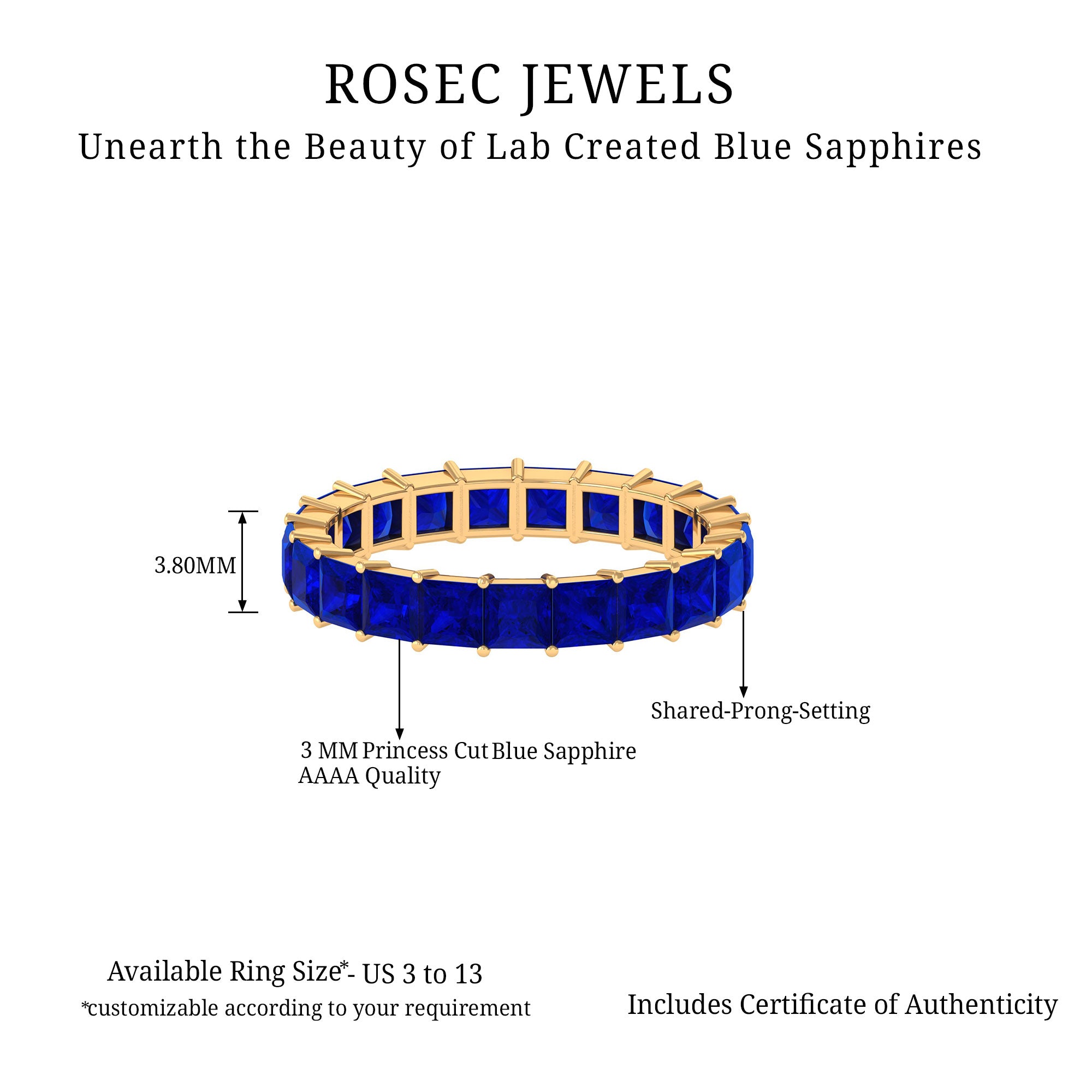 Princess Cut Lab Grown Blue Sapphire Full Eternity Band Lab Created Blue Sapphire - ( AAAA ) - Quality - Rosec Jewels