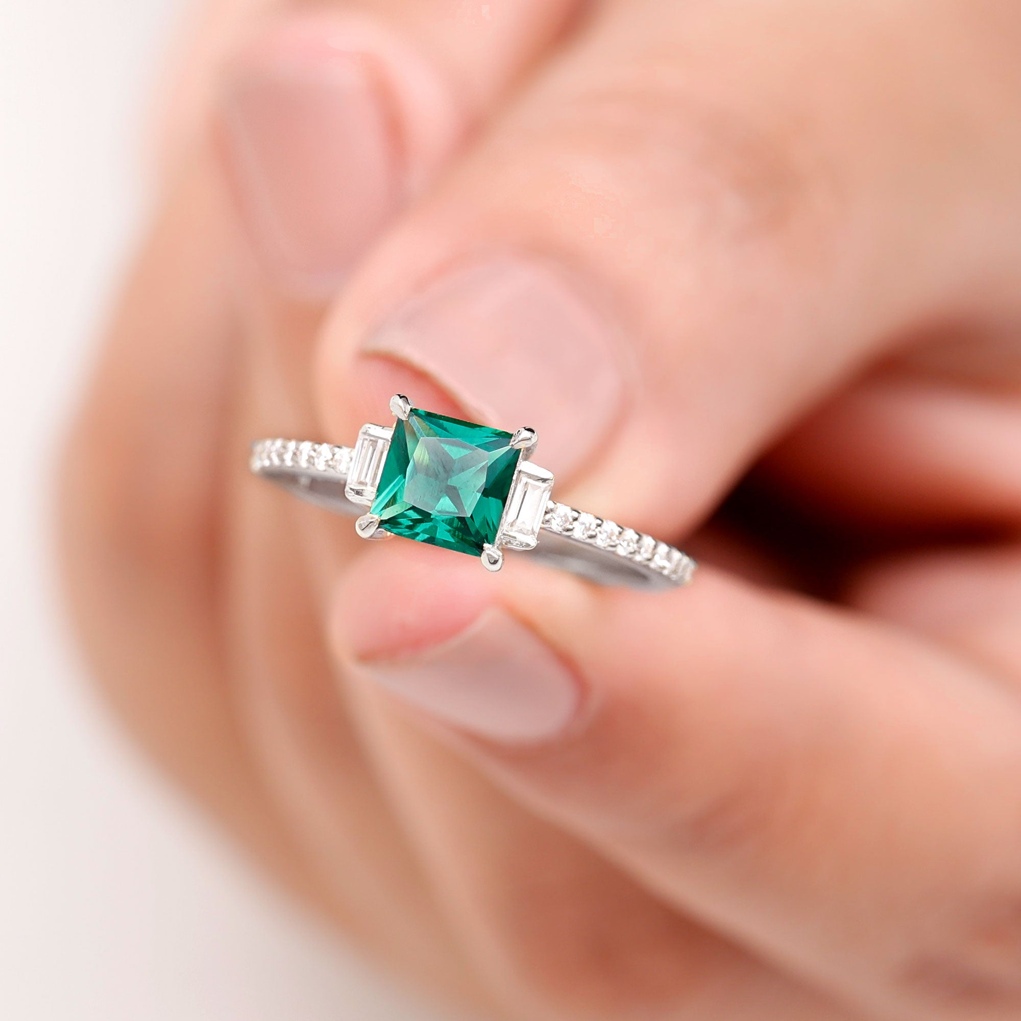 Princess Cut Created Emerald Solitaire Engagement Ring Lab Created Emerald - ( AAAA ) - Quality - Rosec Jewels