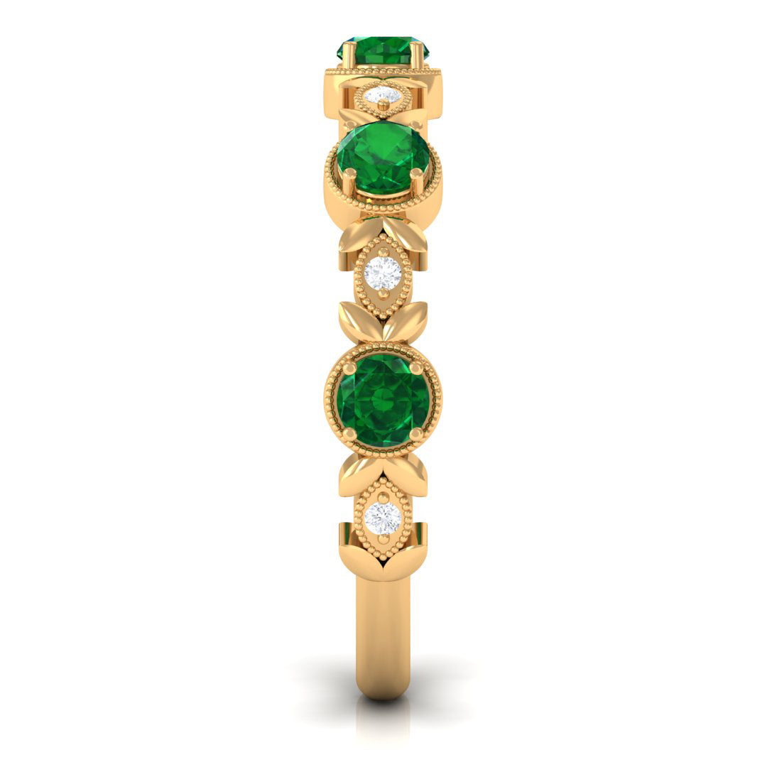 Floral Inspired Lab Grown Emerald and Diamond Half Eternity Ring Lab Created Emerald - ( AAAA ) - Quality - Rosec Jewels