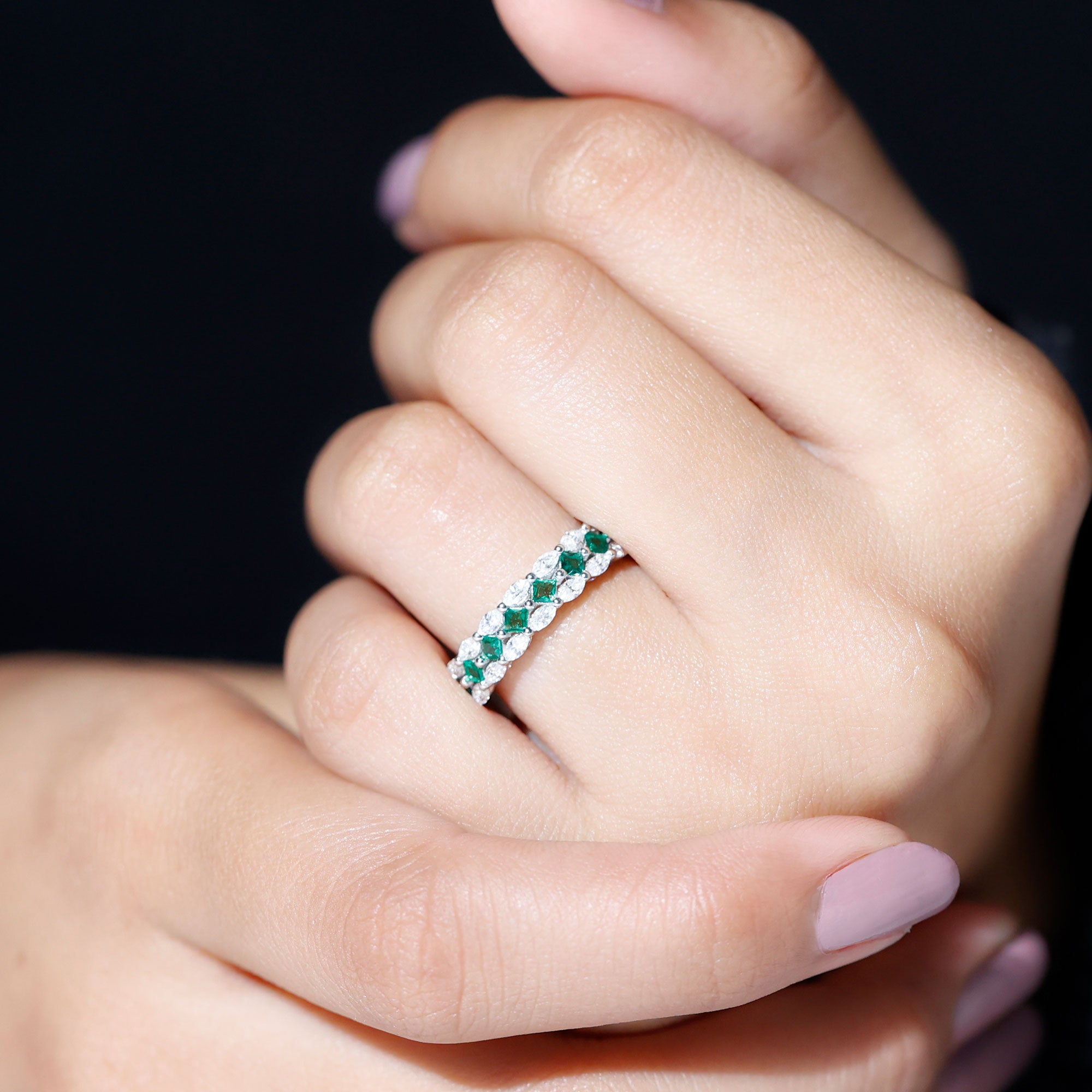 Rosec Jewels-Designer Lab Created Emerald Half Eternity Band with Moissanite