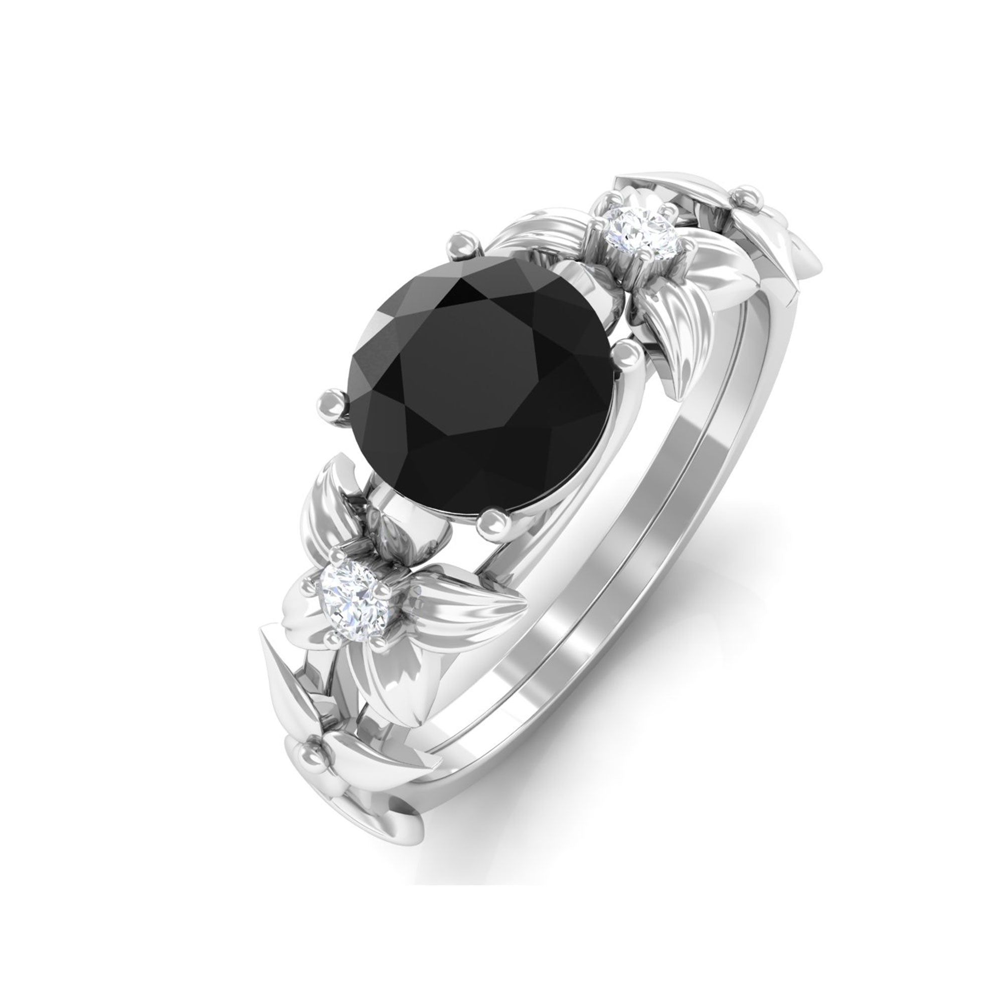 Black Spinel Floral Solitaire Ring with Diamond Black Spinel - ( AAA ) - Quality - Rosec Jewels