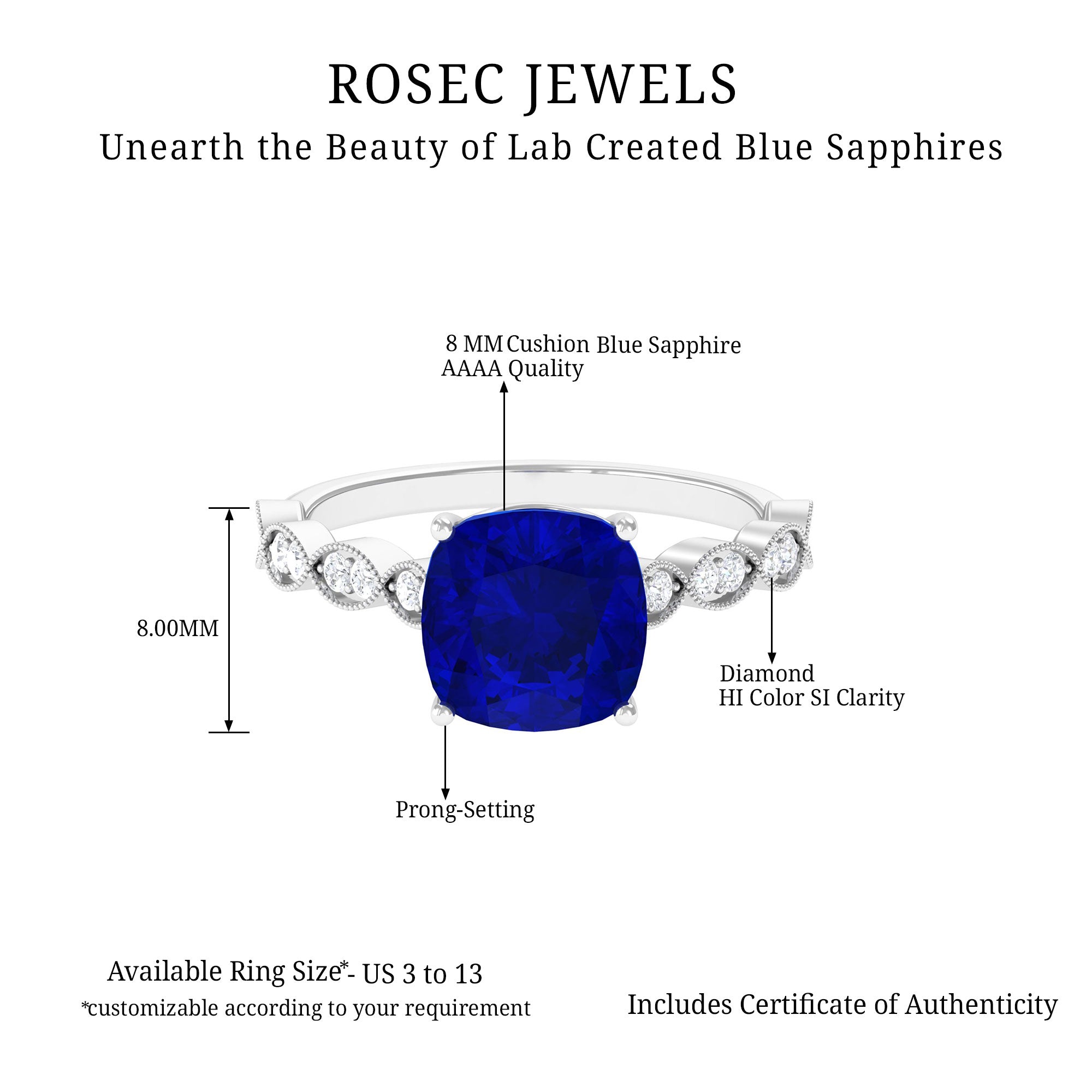 Cushion Cut Lab Grown Blue Sapphire Solitaire Engagement Ring with Diamond Lab Created Blue Sapphire - ( AAAA ) - Quality - Rosec Jewels