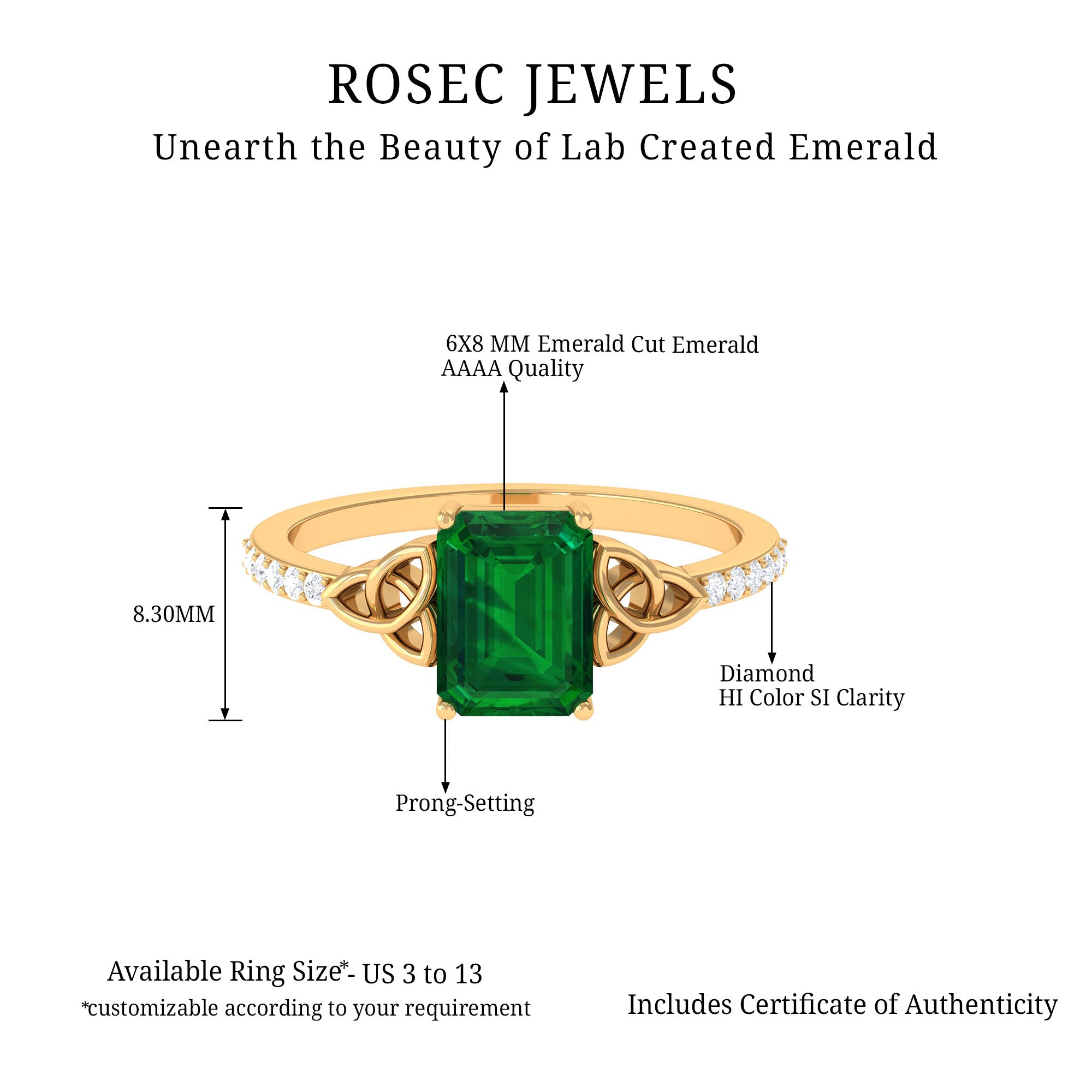 Octagon Cut Lab Grown Emerald Celtic Knot Engagement Ring Lab Created Emerald - ( AAAA ) - Quality - Rosec Jewels