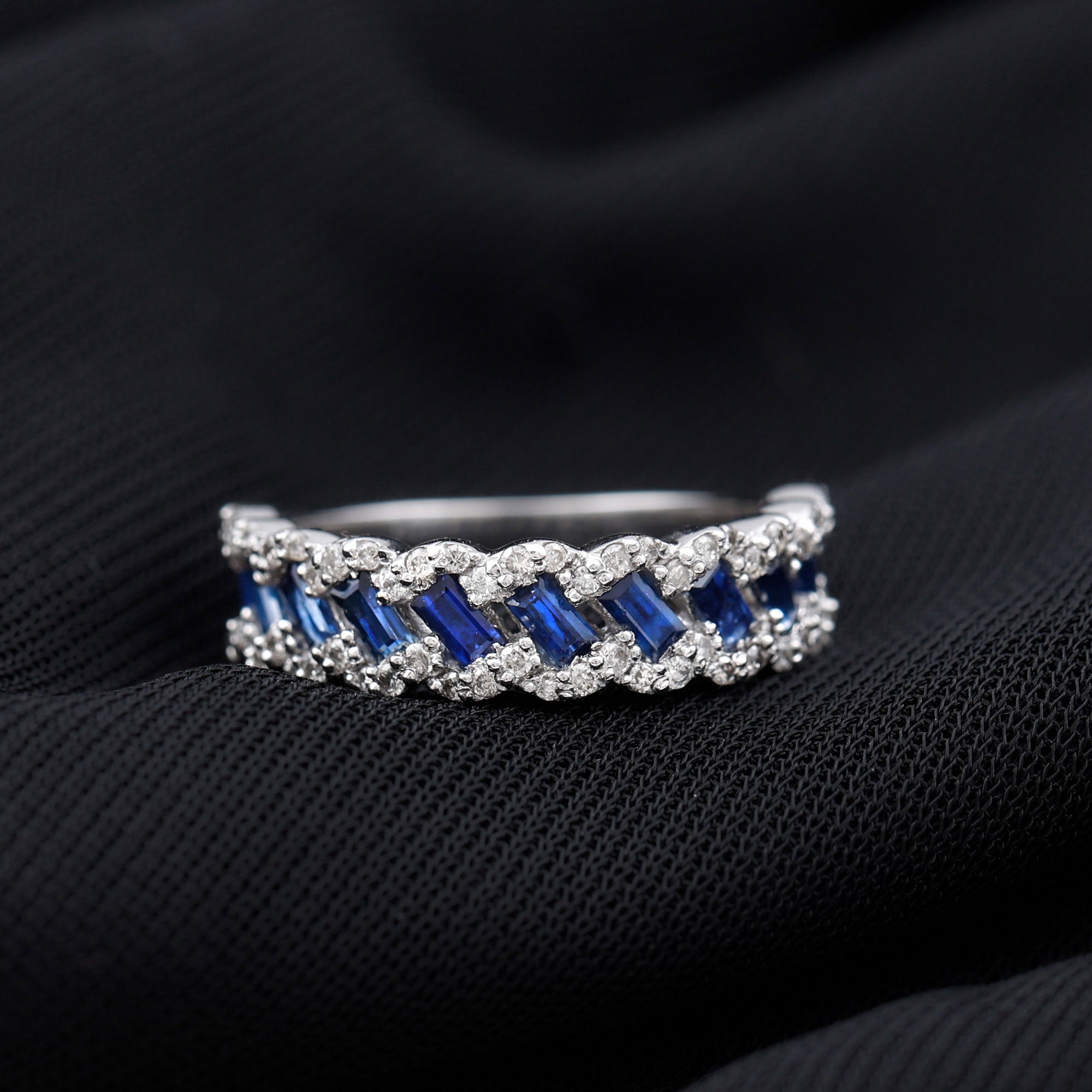 Baguette Cut Blue Sapphire and Diamond Braided Half Eternity Ring Blue Sapphire - ( AAA ) - Quality - Rosec Jewels