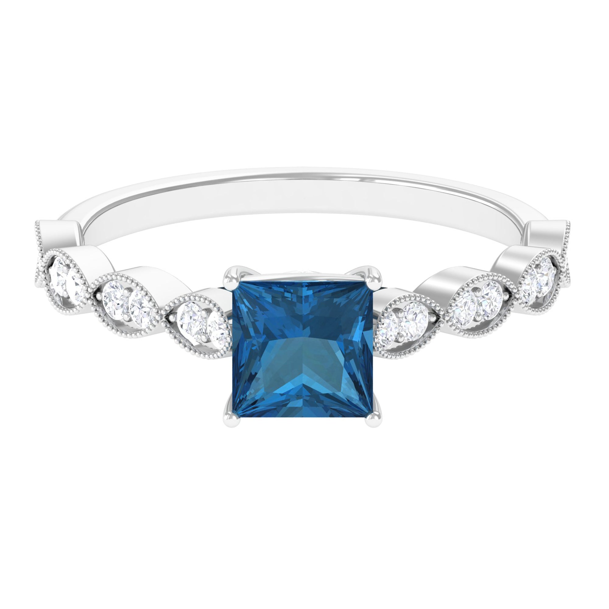 Princess Cut London Blue Topaz Solitaire Ring with Diamond Side Stones London Blue Topaz - ( AAA ) - Quality - Rosec Jewels