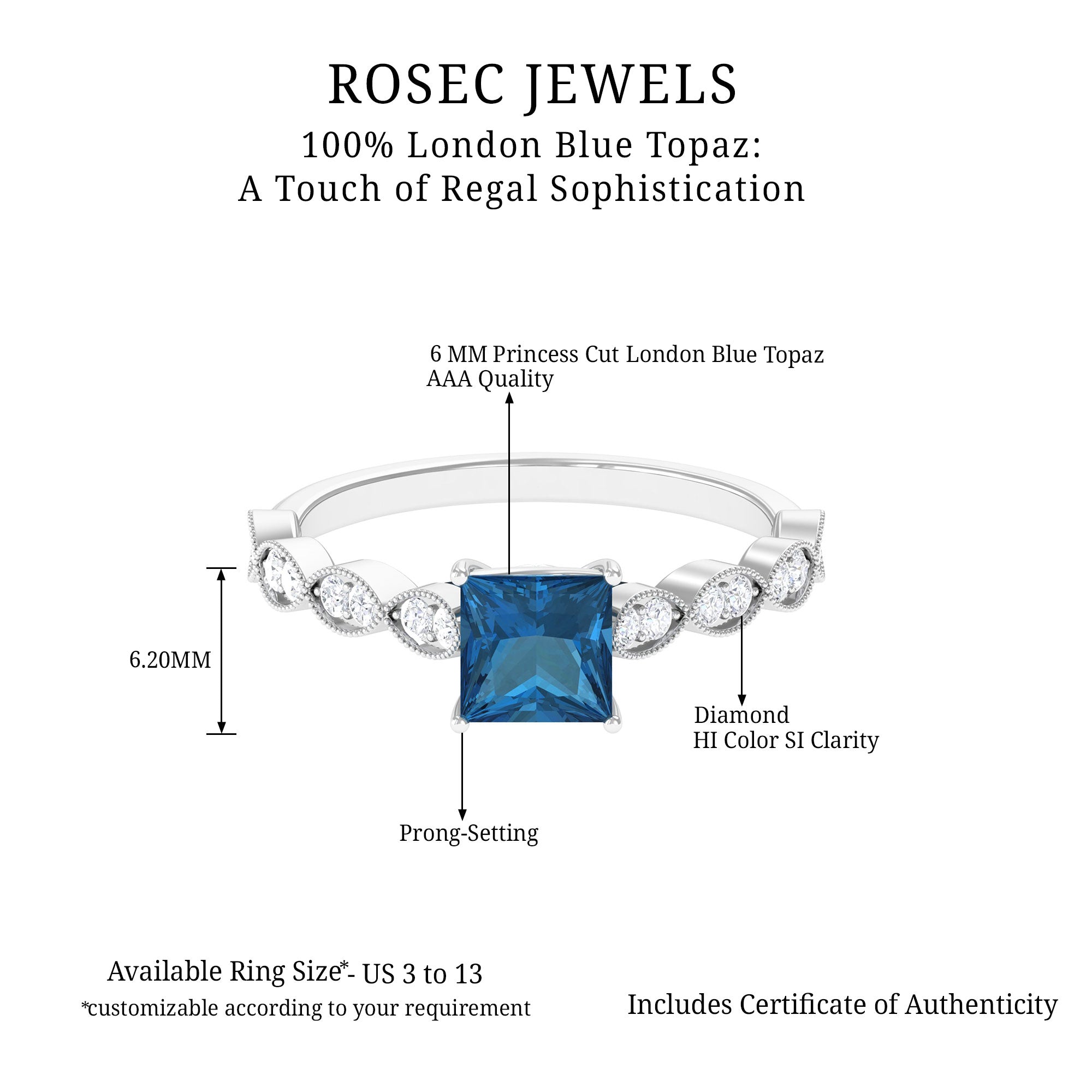 Princess Cut London Blue Topaz Solitaire Ring with Diamond Side Stones London Blue Topaz - ( AAA ) - Quality - Rosec Jewels