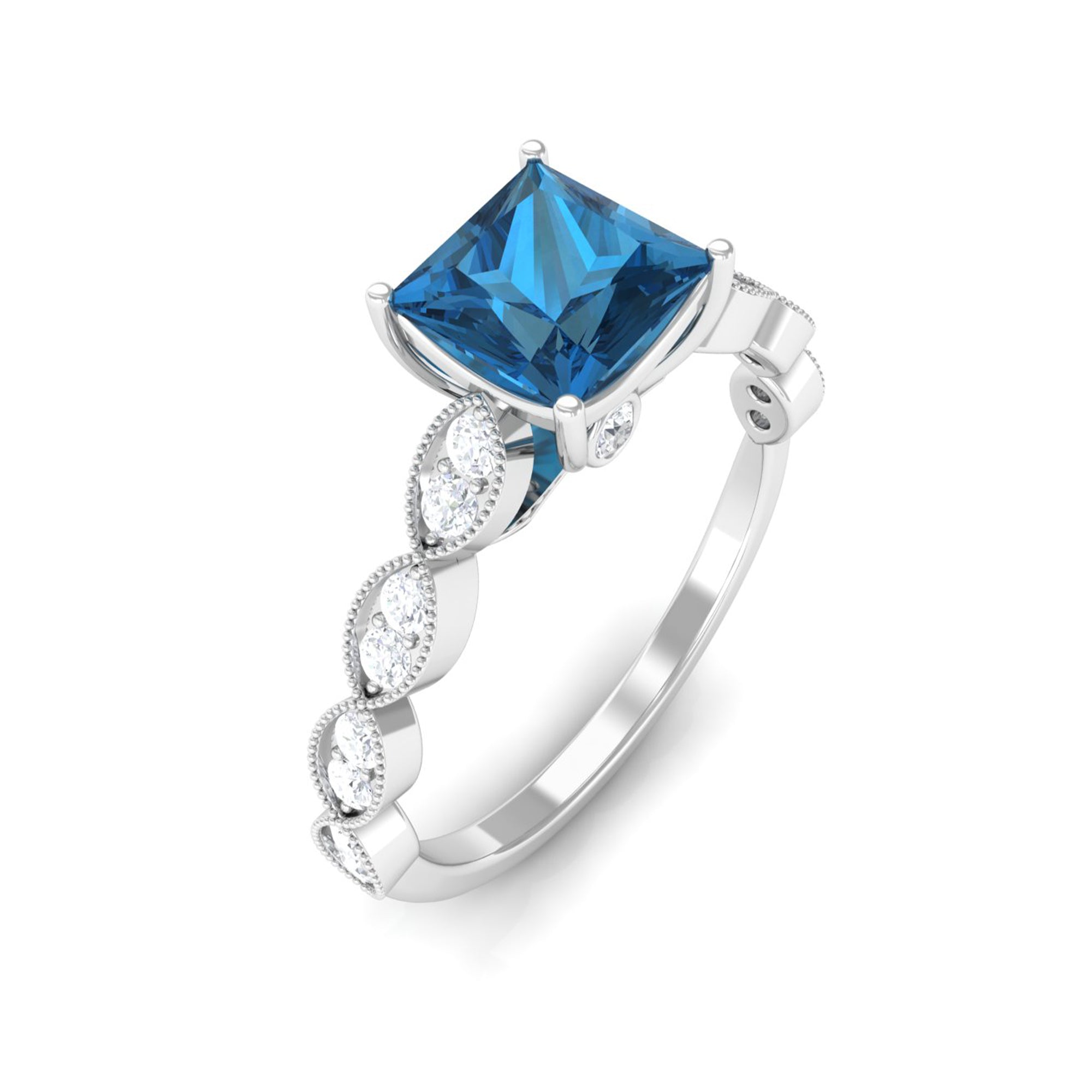 Princess Cut London Blue Topaz Solitaire Ring with Diamond Side Stones London Blue Topaz - ( AAA ) - Quality - Rosec Jewels