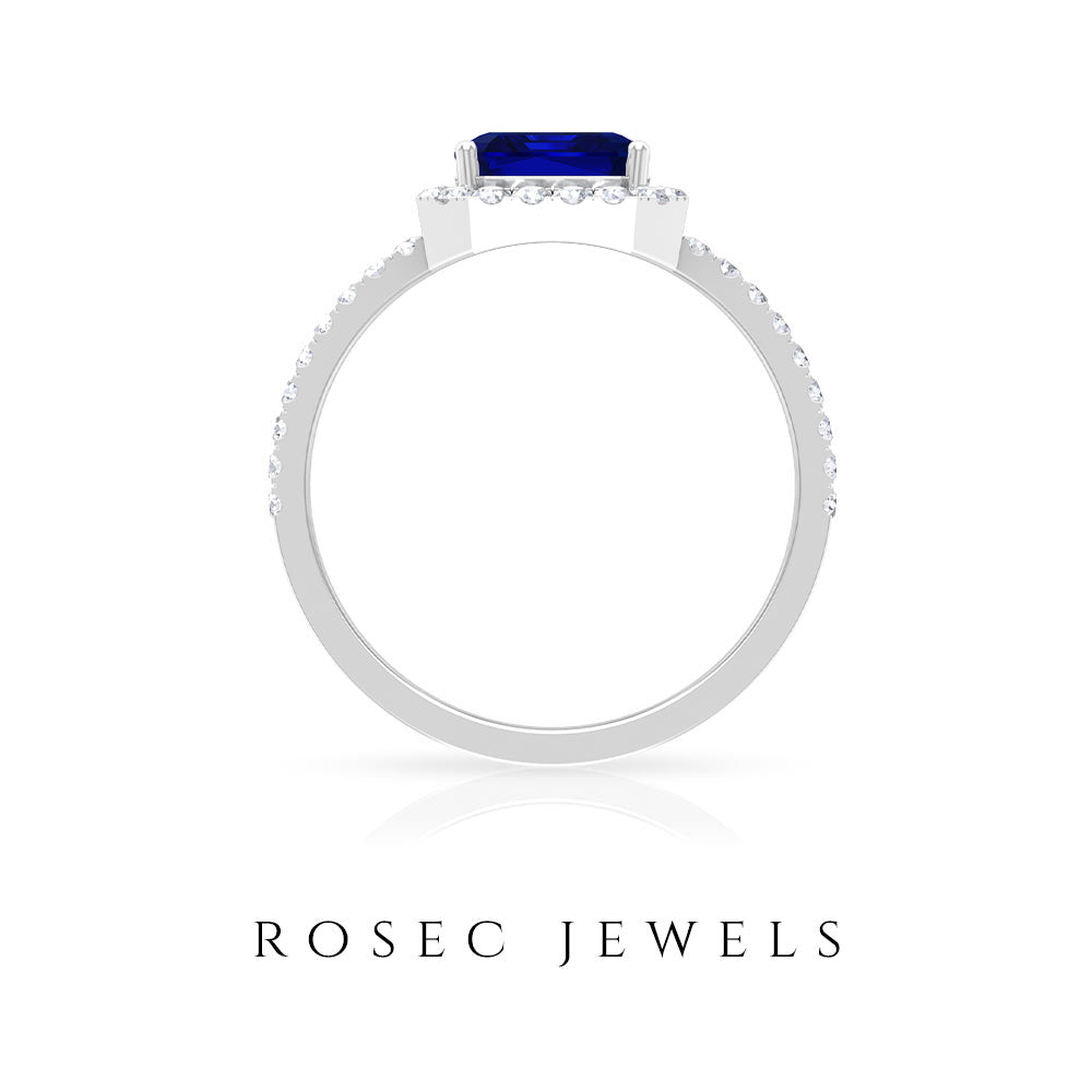 Asscher Cut Created Blue Sapphire Classic Halo Engagement Ring with Diamond Lab Created Blue Sapphire - ( AAAA ) - Quality - Rosec Jewels