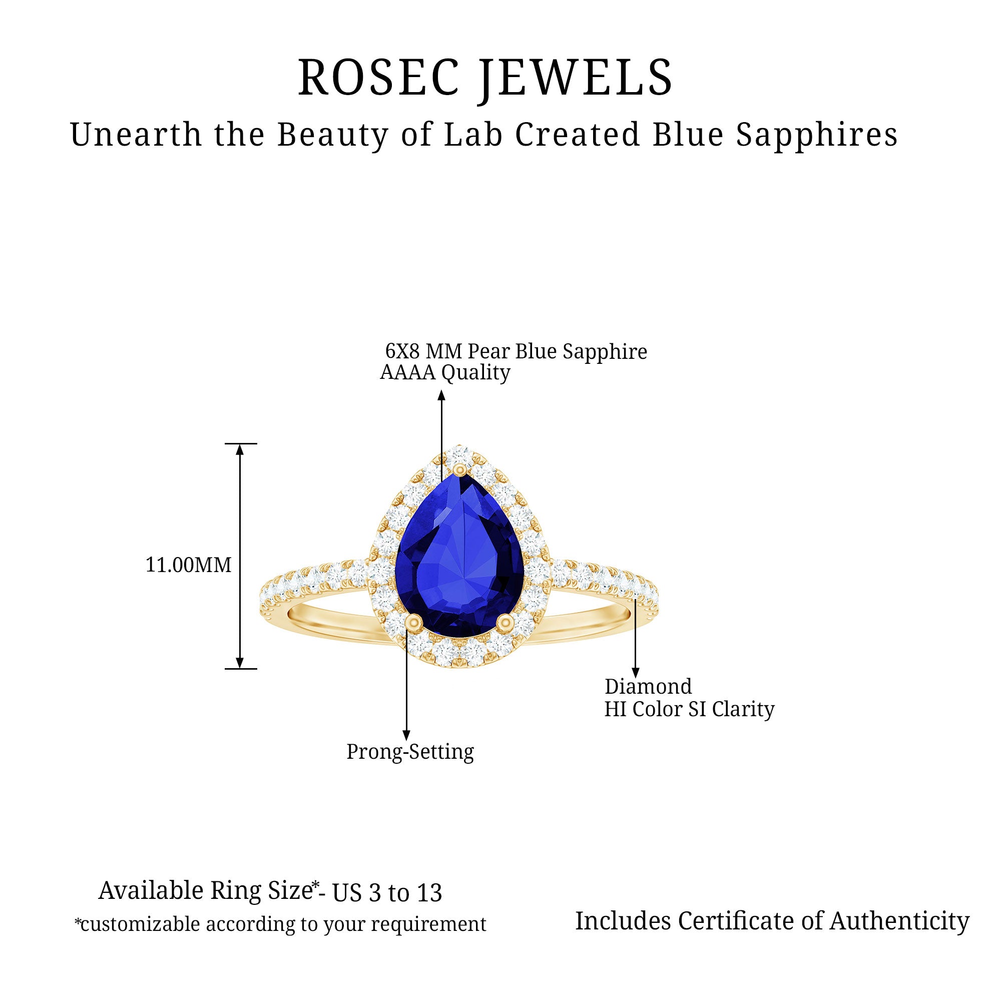 2 CT Created Blue Sapphire Teardrop Ring with Diamond Halo Lab Created Blue Sapphire - ( AAAA ) - Quality - Rosec Jewels