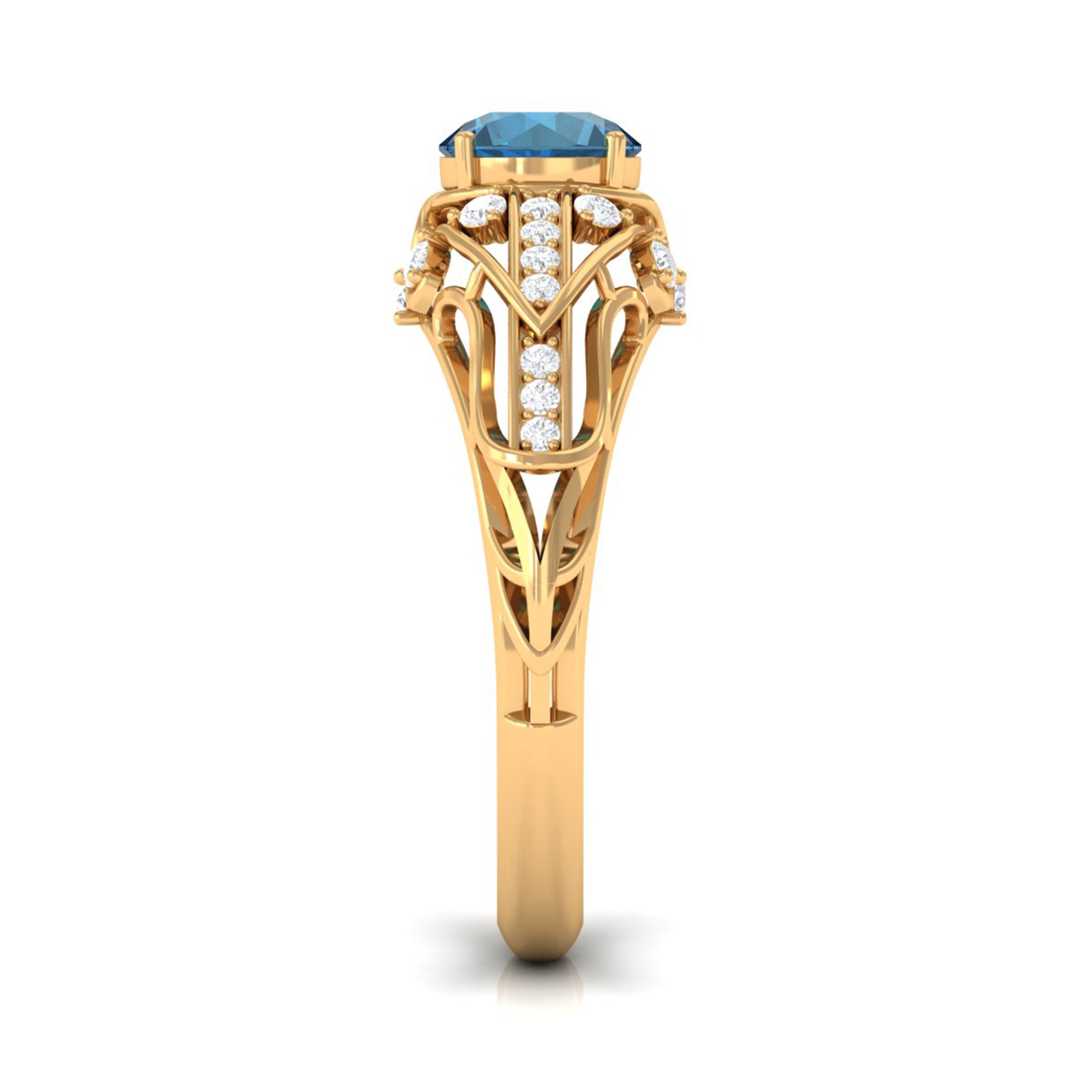 Natural London Blue Topaz Vintage Inspired Ring with Diamond London Blue Topaz - ( AAA ) - Quality - Rosec Jewels