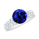 Solitaire Lab Grown Blue Sapphire Flower Engagement Ring with Diamond Lab Created Blue Sapphire - ( AAAA ) - Quality - Rosec Jewels