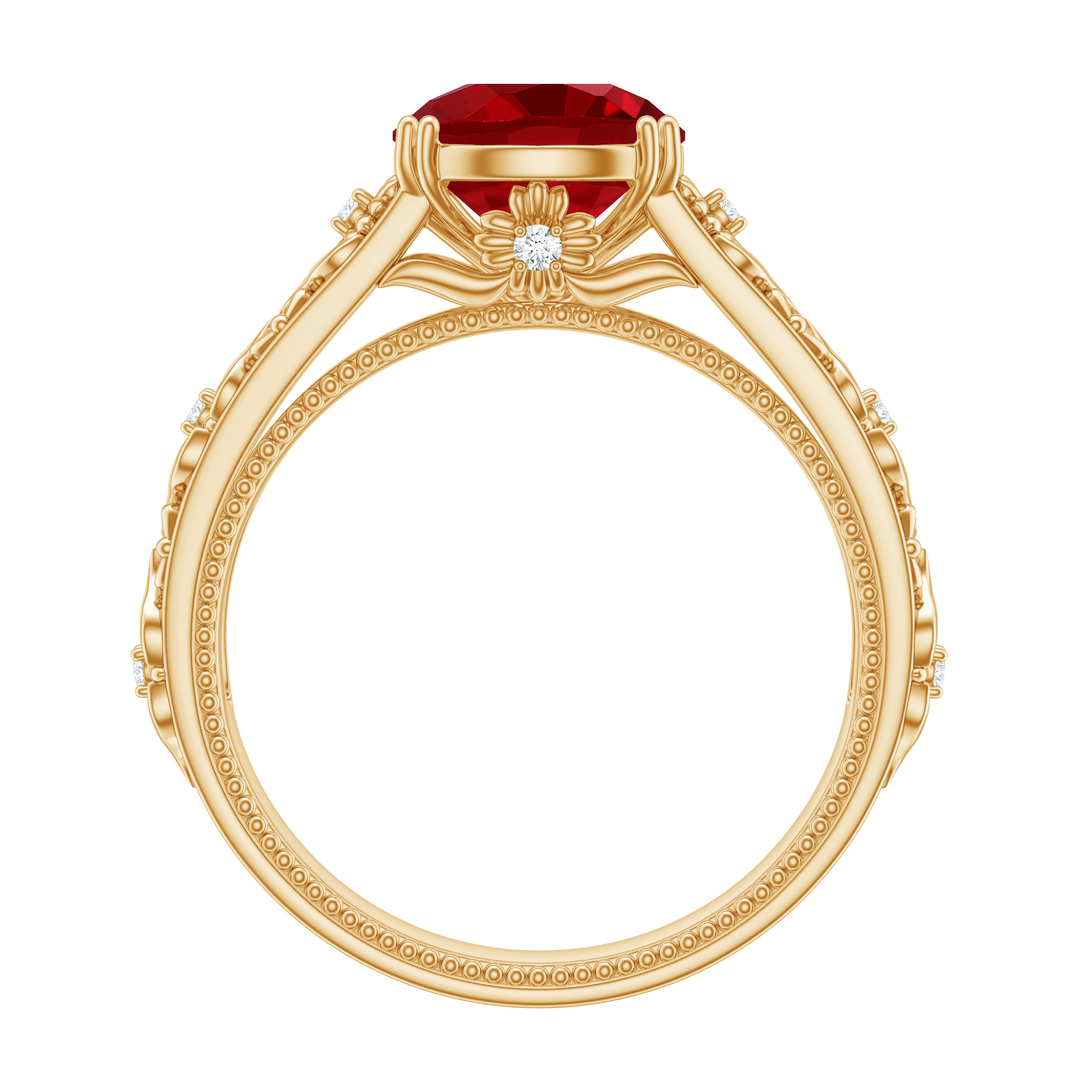 Solitaire Created Ruby Gold Flower Engagement Ring with Moissanite Lab Created Ruby - ( AAAA ) - Quality - Rosec Jewels