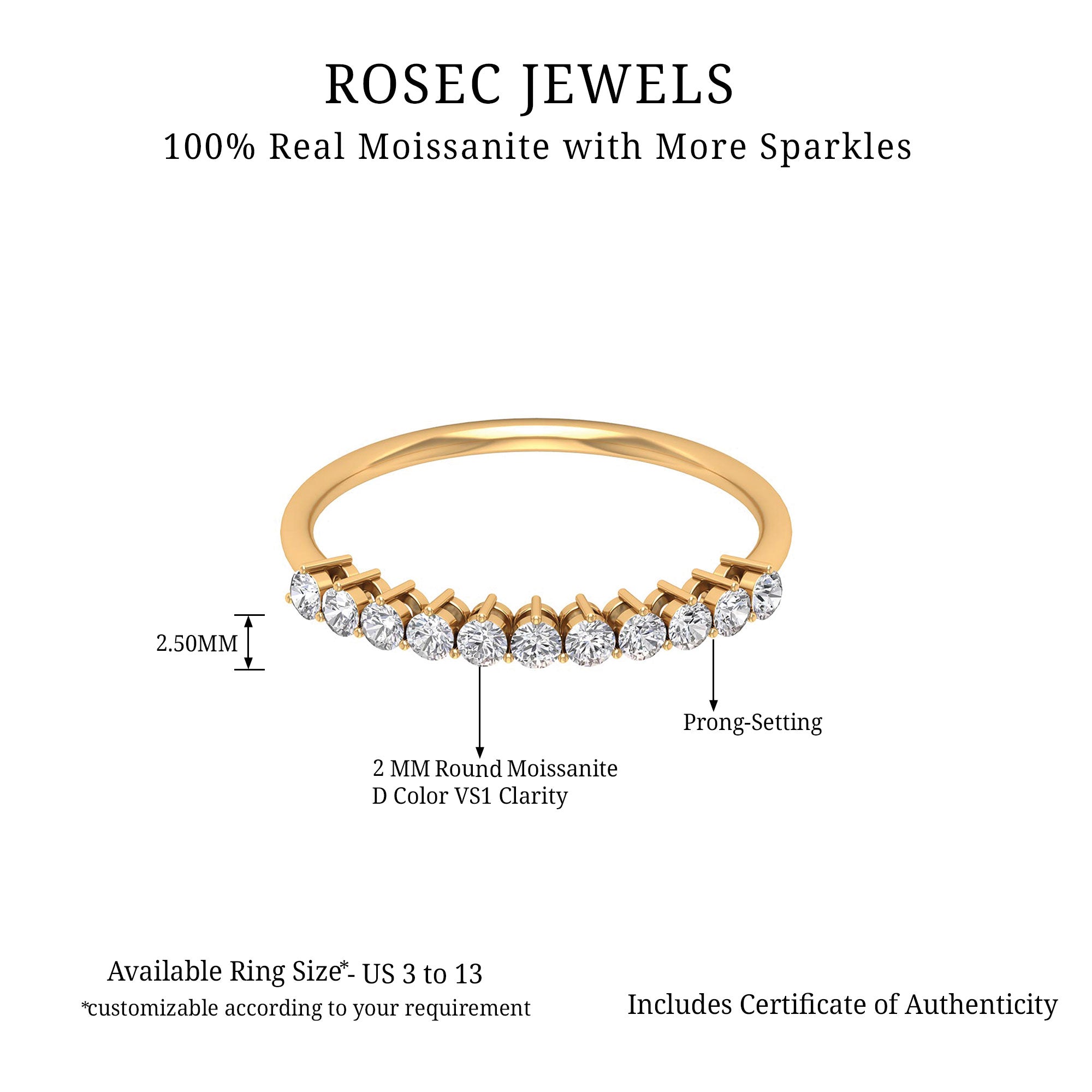 Minimal Moissanite Half Eternity Ring Moissanite - ( D-VS1 ) - Color and Clarity - Rosec Jewels