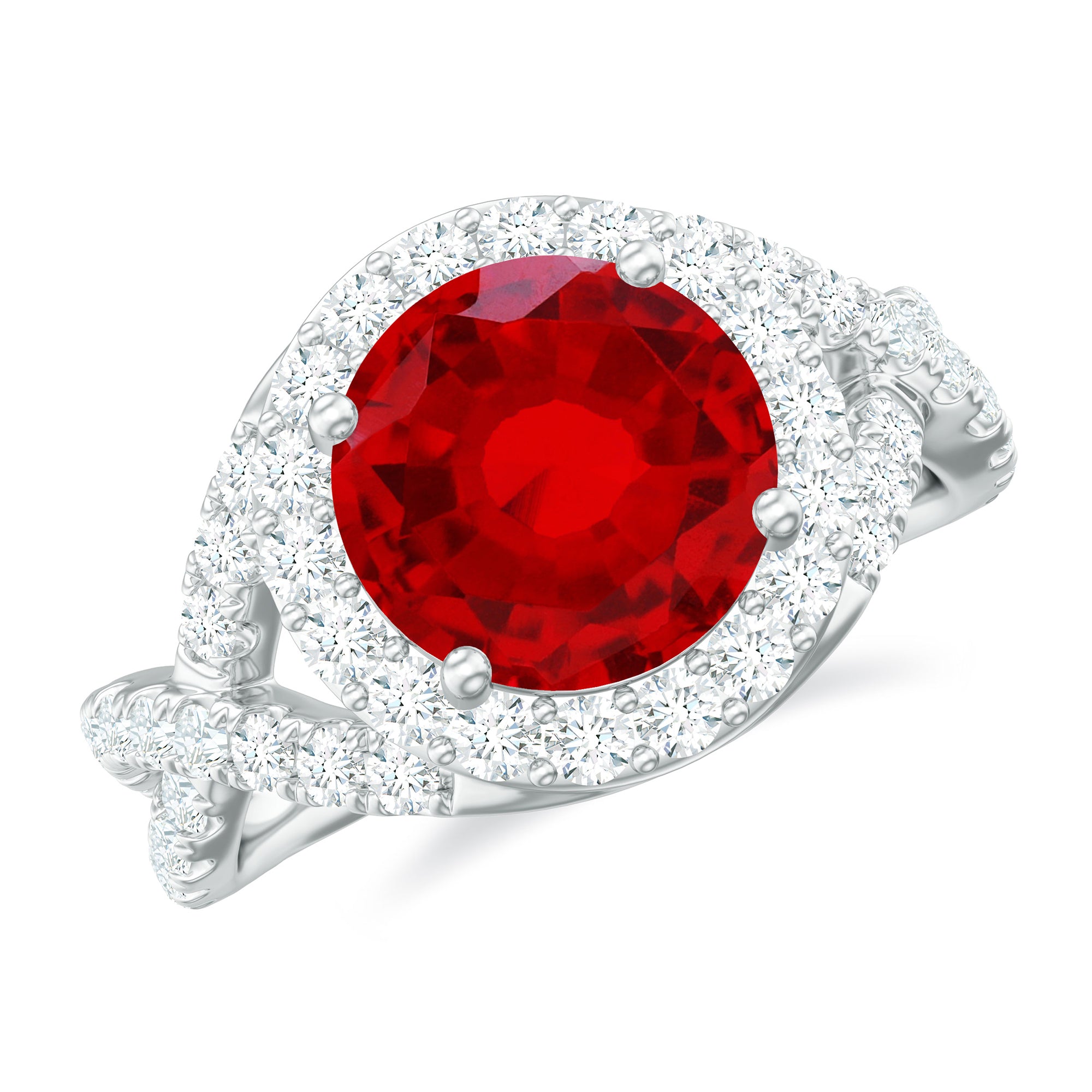 Rosec Jewels-Classic Created Ruby Crossover Engagement Ring with Moissanite Accent