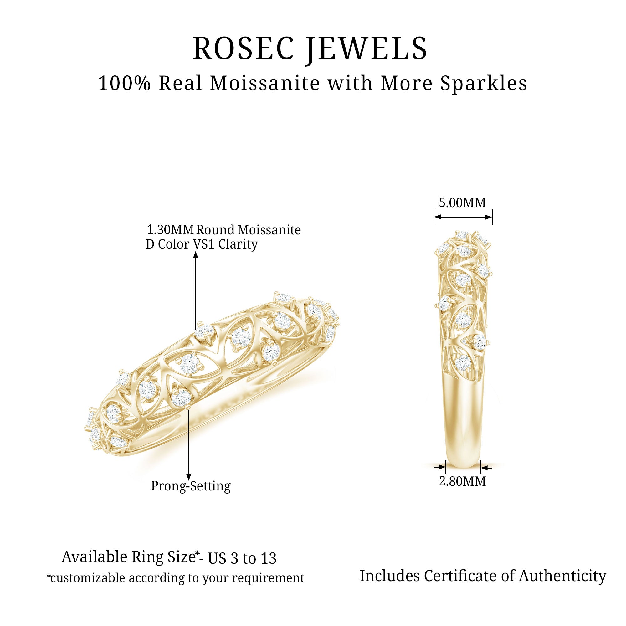 Round Moissanite Semi Eternity Band Ring with Gold Filigree Details Moissanite - ( D-VS1 ) - Color and Clarity - Rosec Jewels