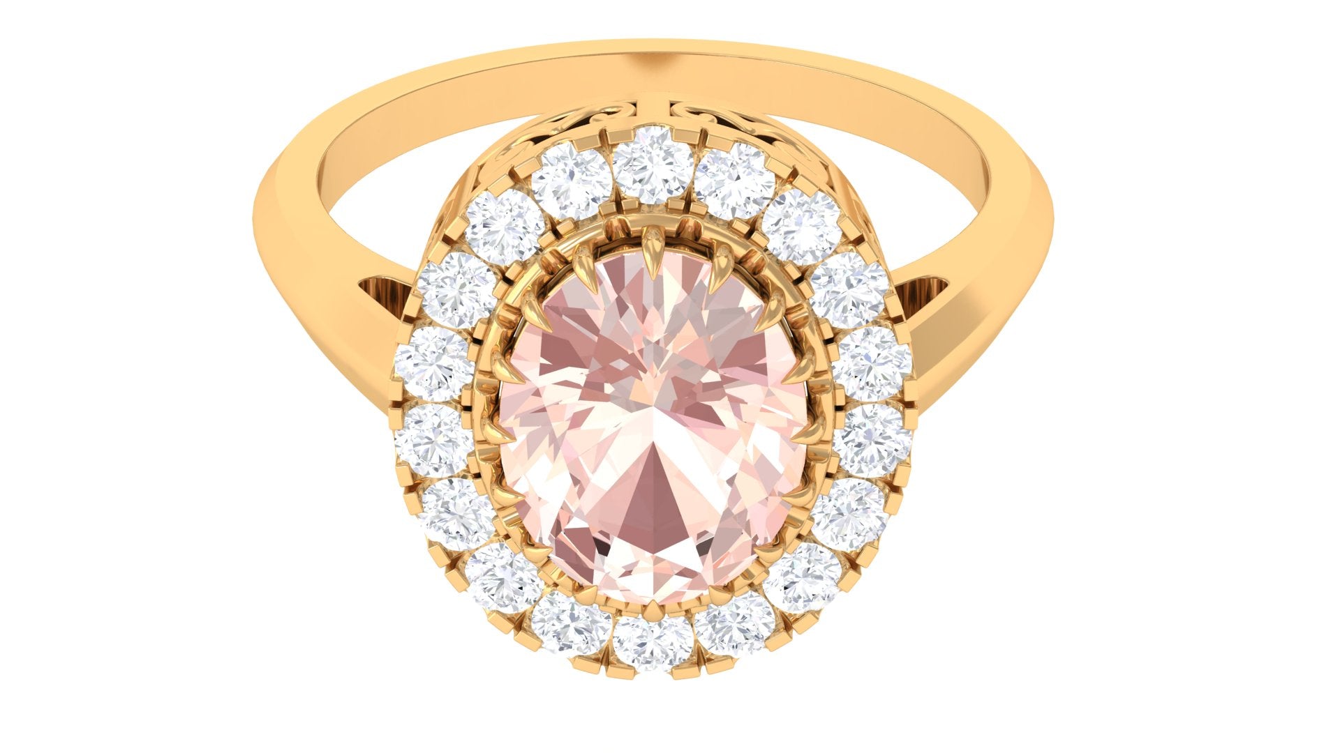 Rosec Jewels-Vintage Morganite Crown Engagement Ring with Halo Moissanite