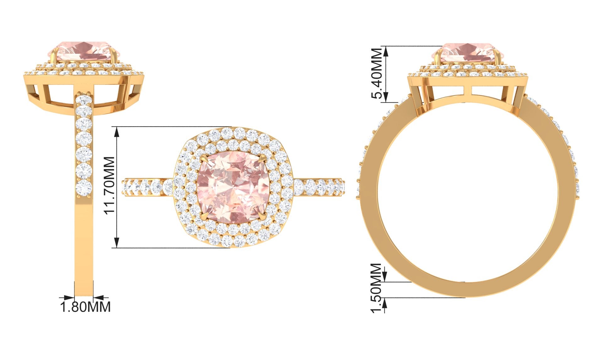 Rosec Jewels-Cushion Cut Morganite Double Halo Engagement Ring with Moissanite