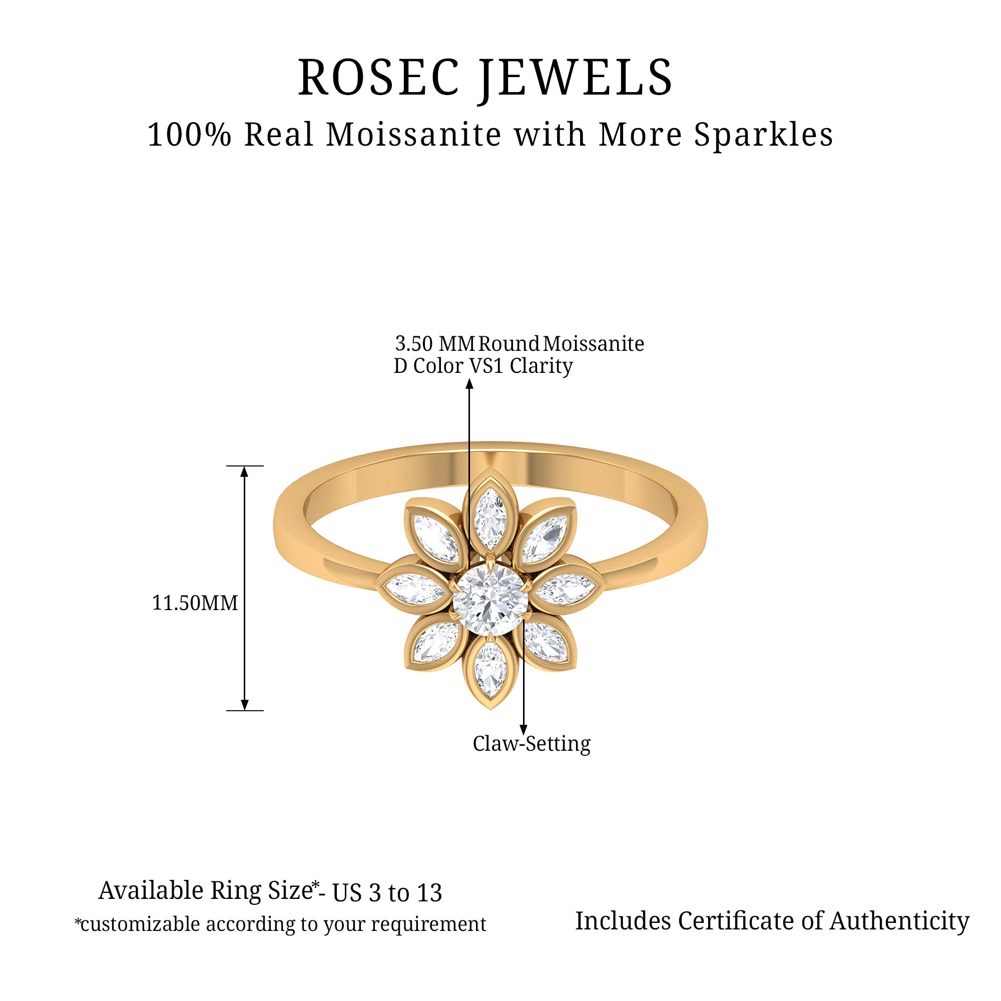 Certified Moissanite Flower Ring Moissanite - ( D-VS1 ) - Color and Clarity - Rosec Jewels