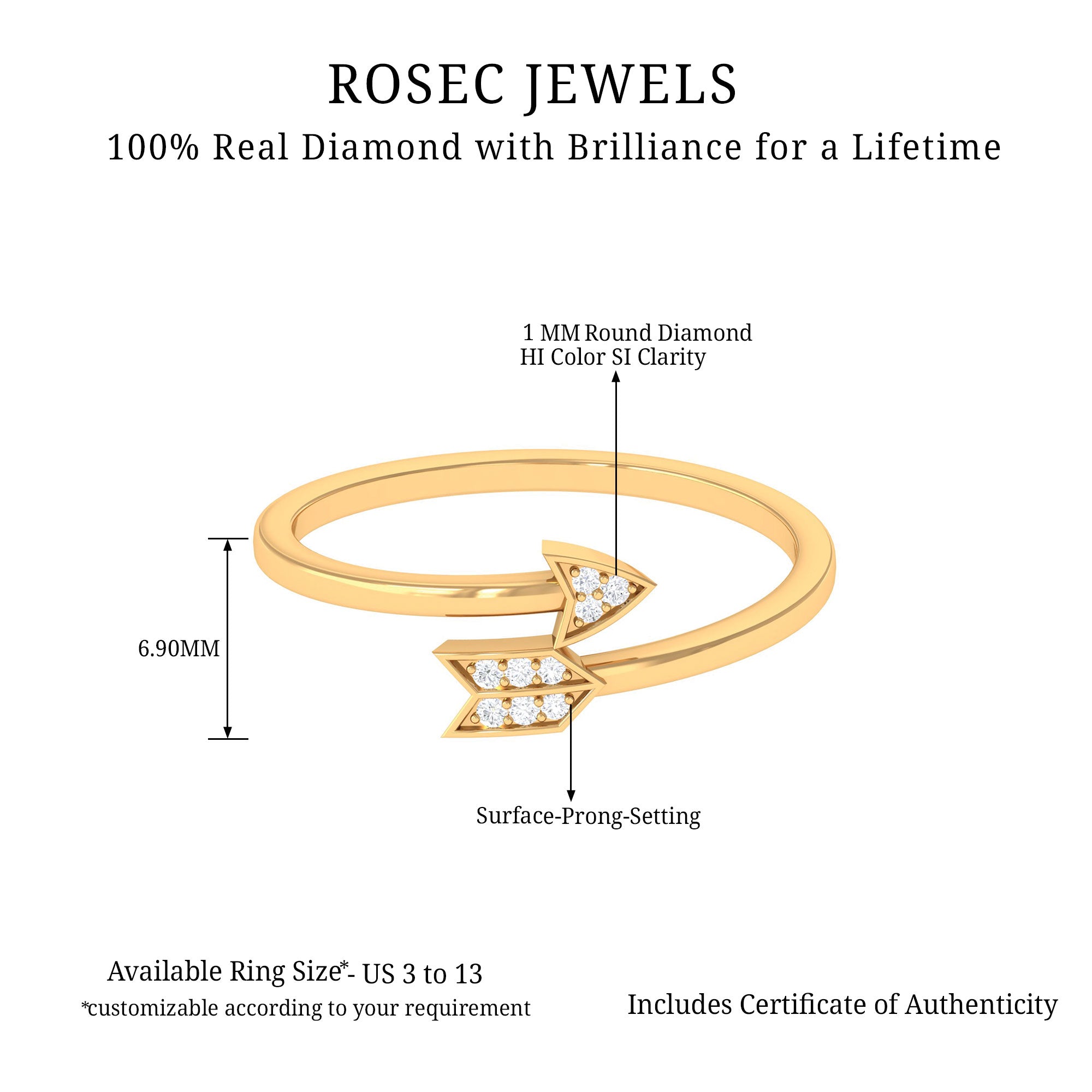 Natural Diamond Minimal Love Arrow Ring in Gold Diamond - ( HI-SI ) - Color and Clarity - Rosec Jewels